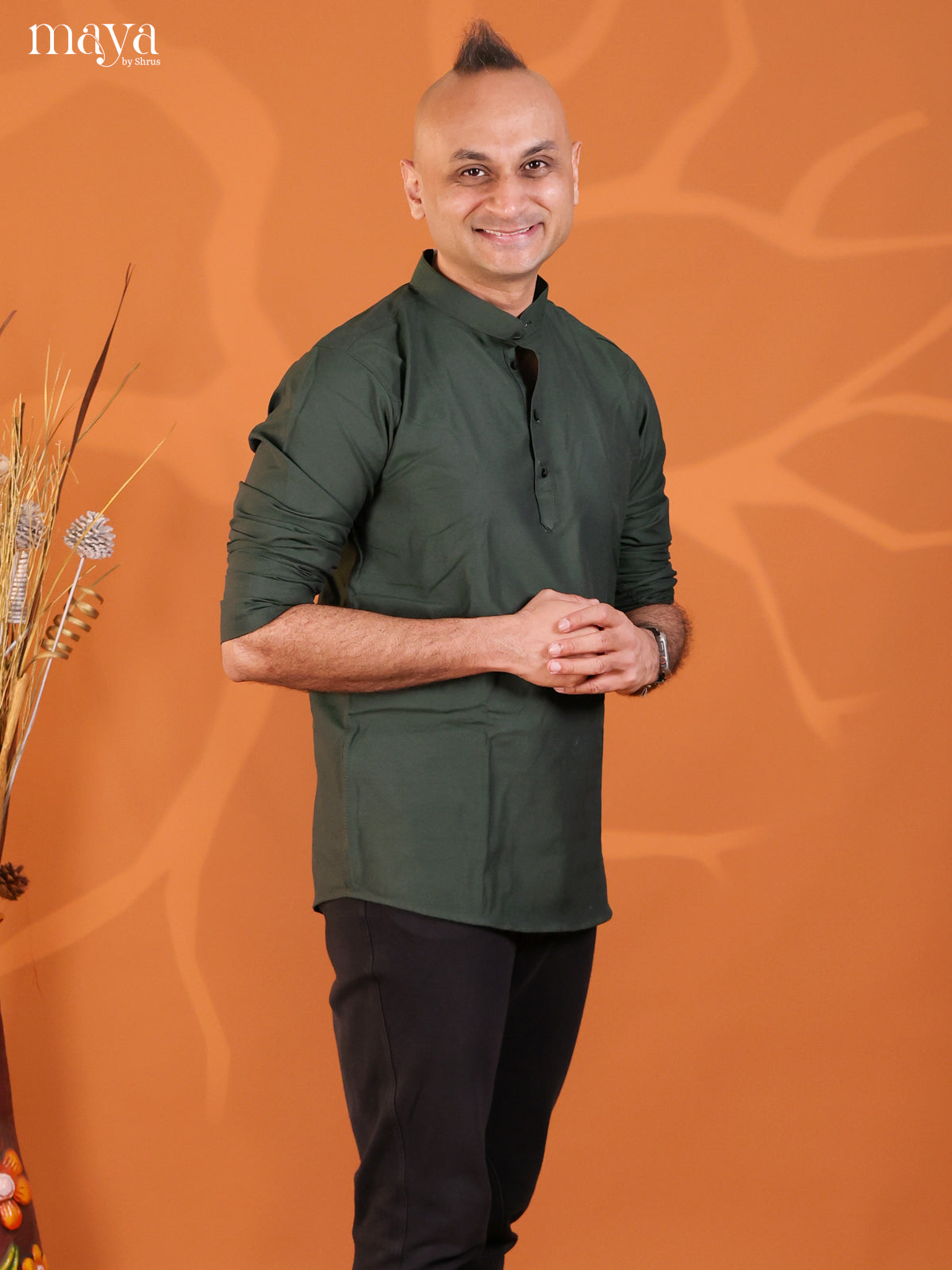 Dark Green Cotton Solid Short Men Kurta