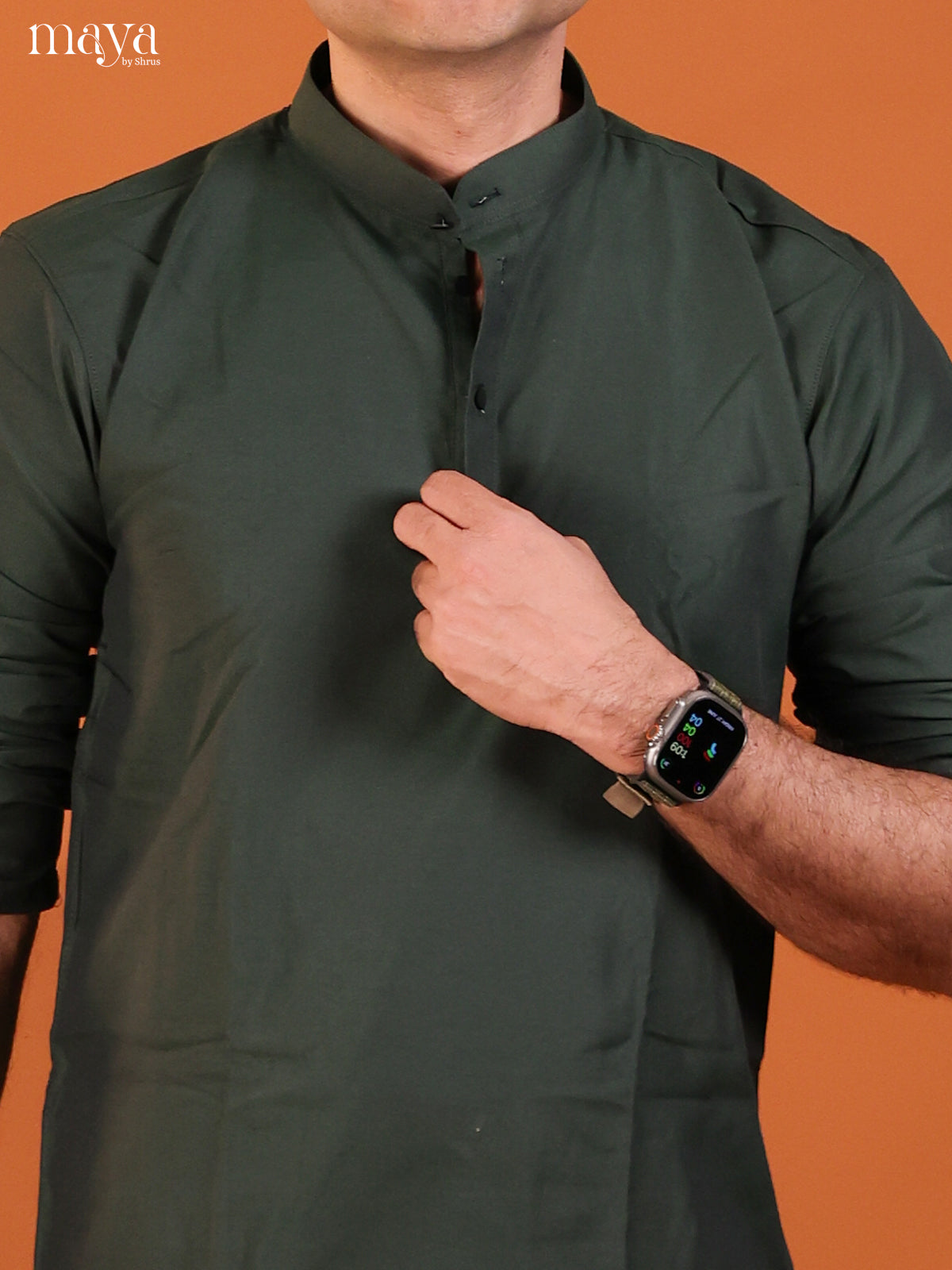 Dark Green Cotton Solid Short Men Kurta