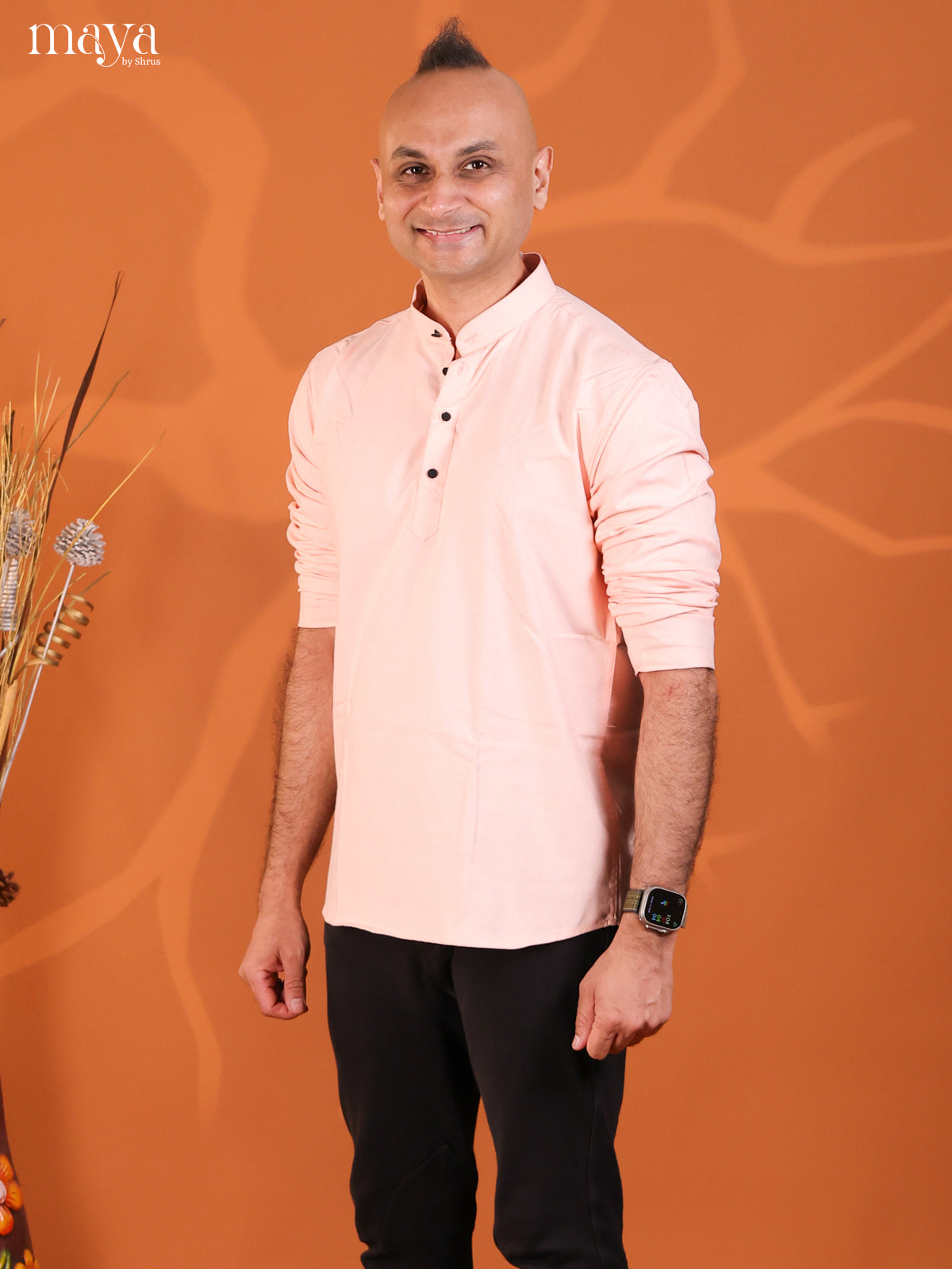 Baby Pink Cotton Solid Short Men Kurta