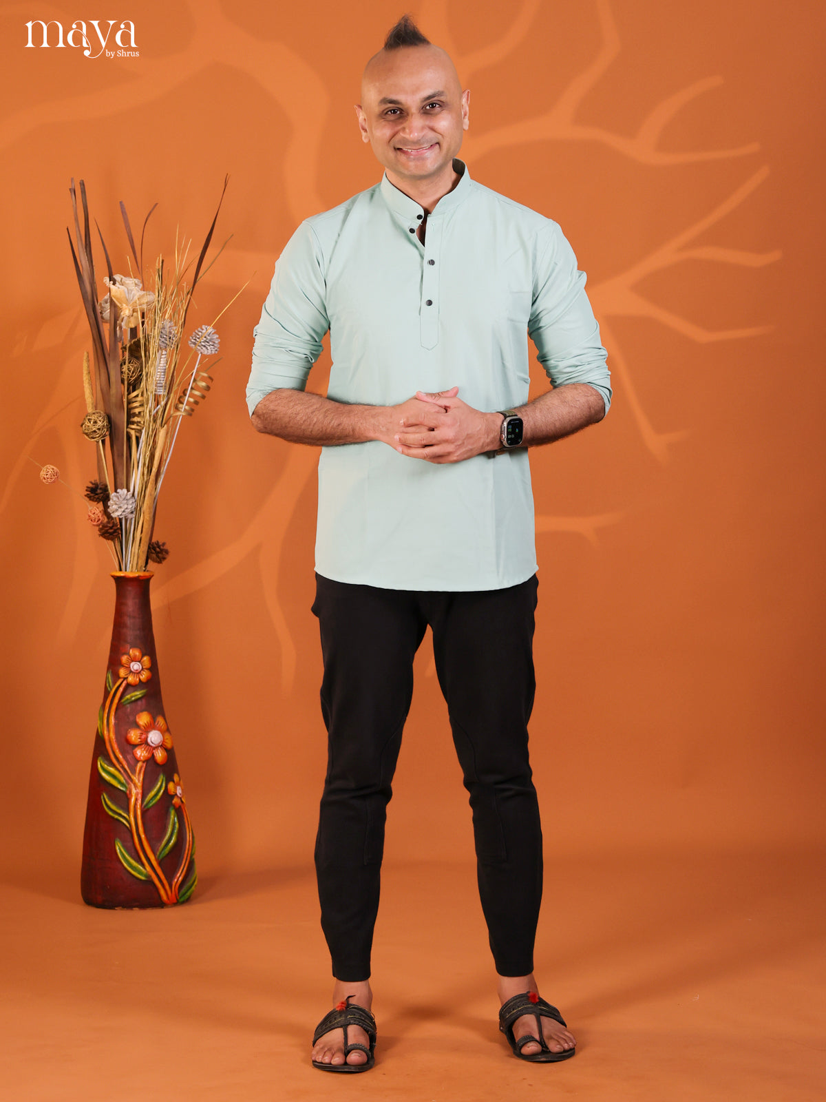 Ice Blue Cotton Solid Short Men Kurta