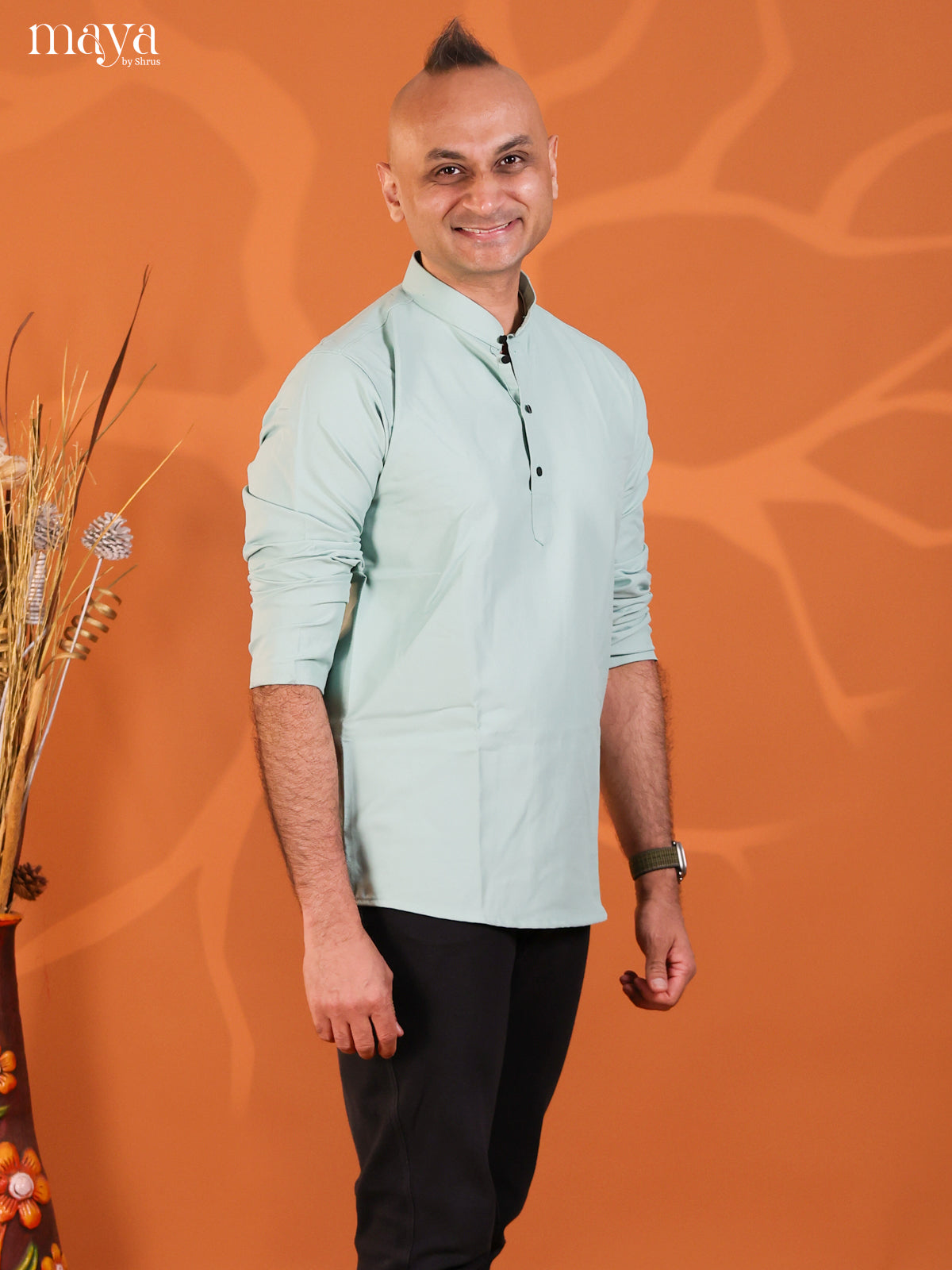 Ice Blue Cotton Solid Short Men Kurta