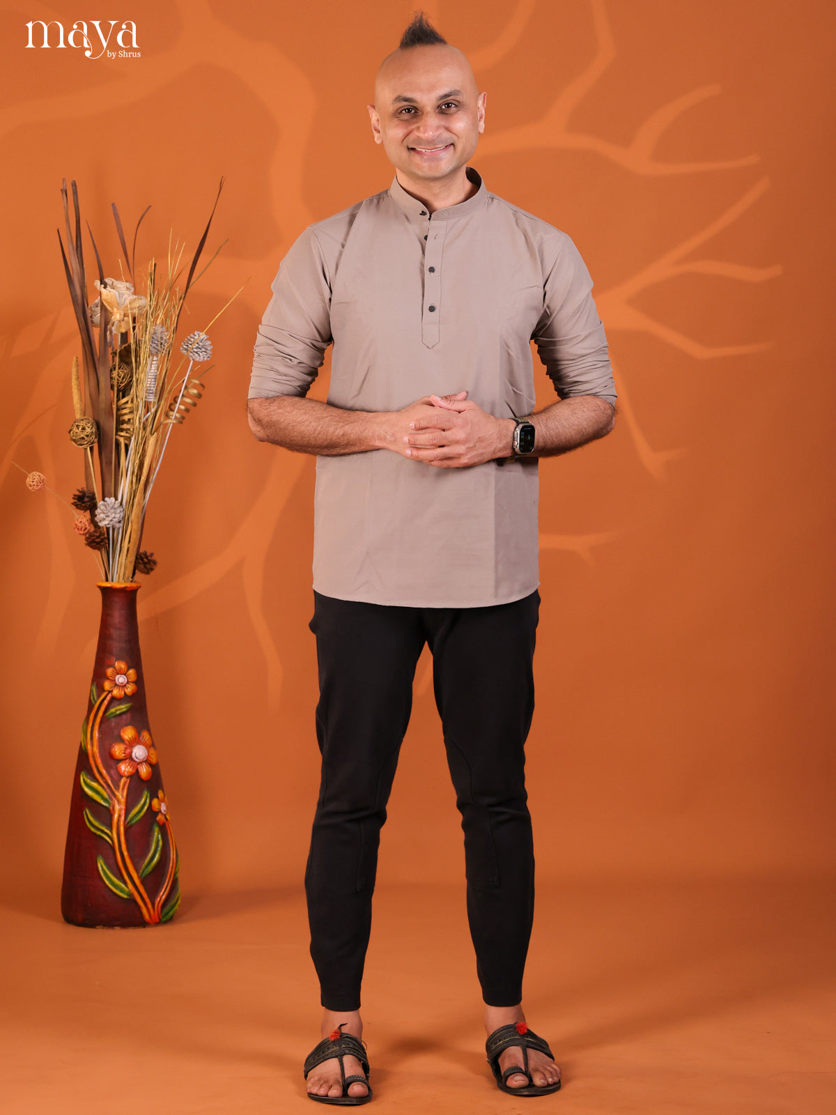 Grey Cotton Solid Short Men Kurta