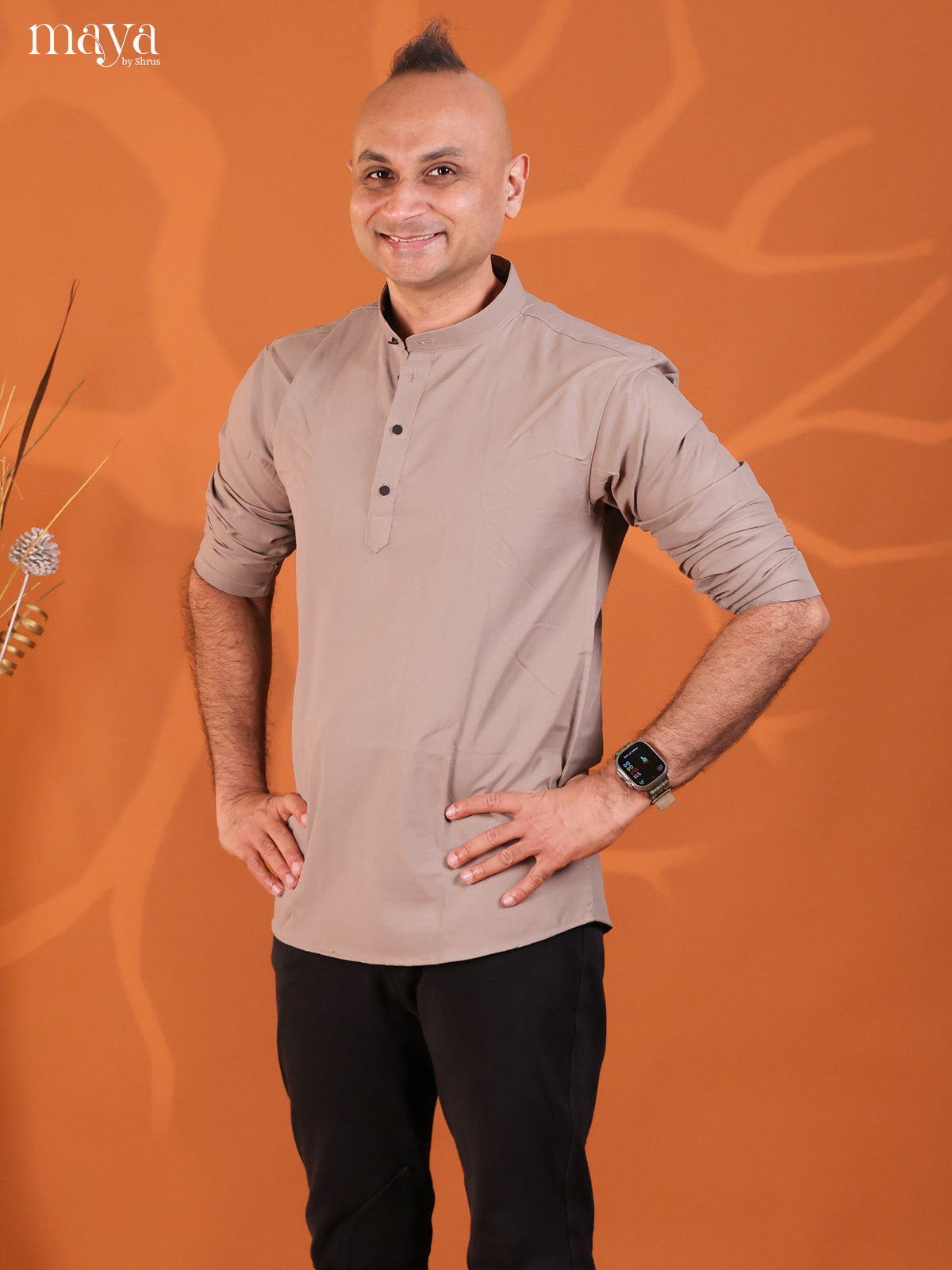Grey Cotton Solid Short Men Kurta