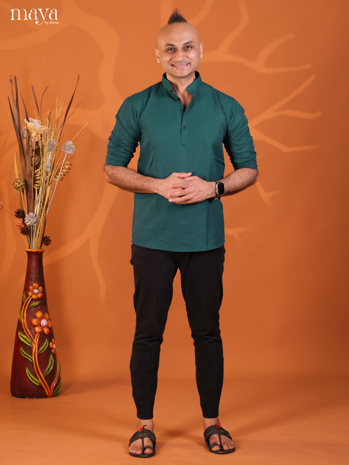 Peacock Blue Cotton Solid Short Men Kurta