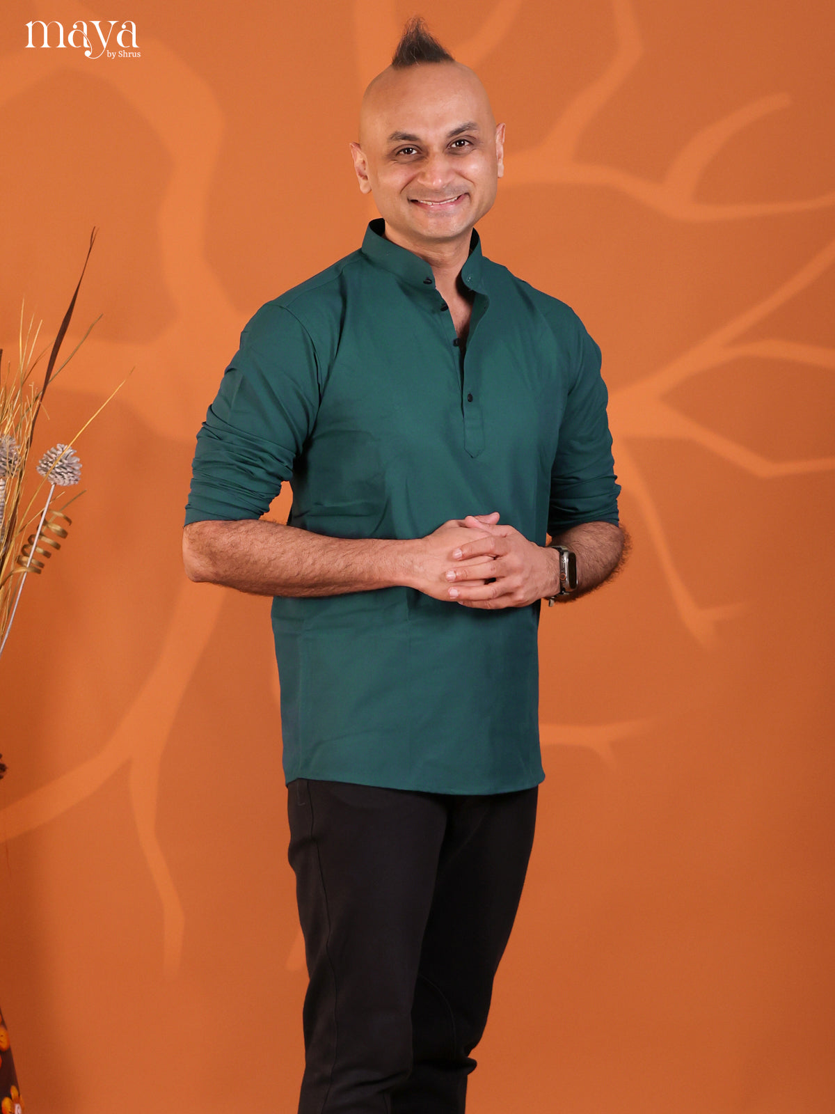 Peacock Blue Cotton Solid Short Men Kurta