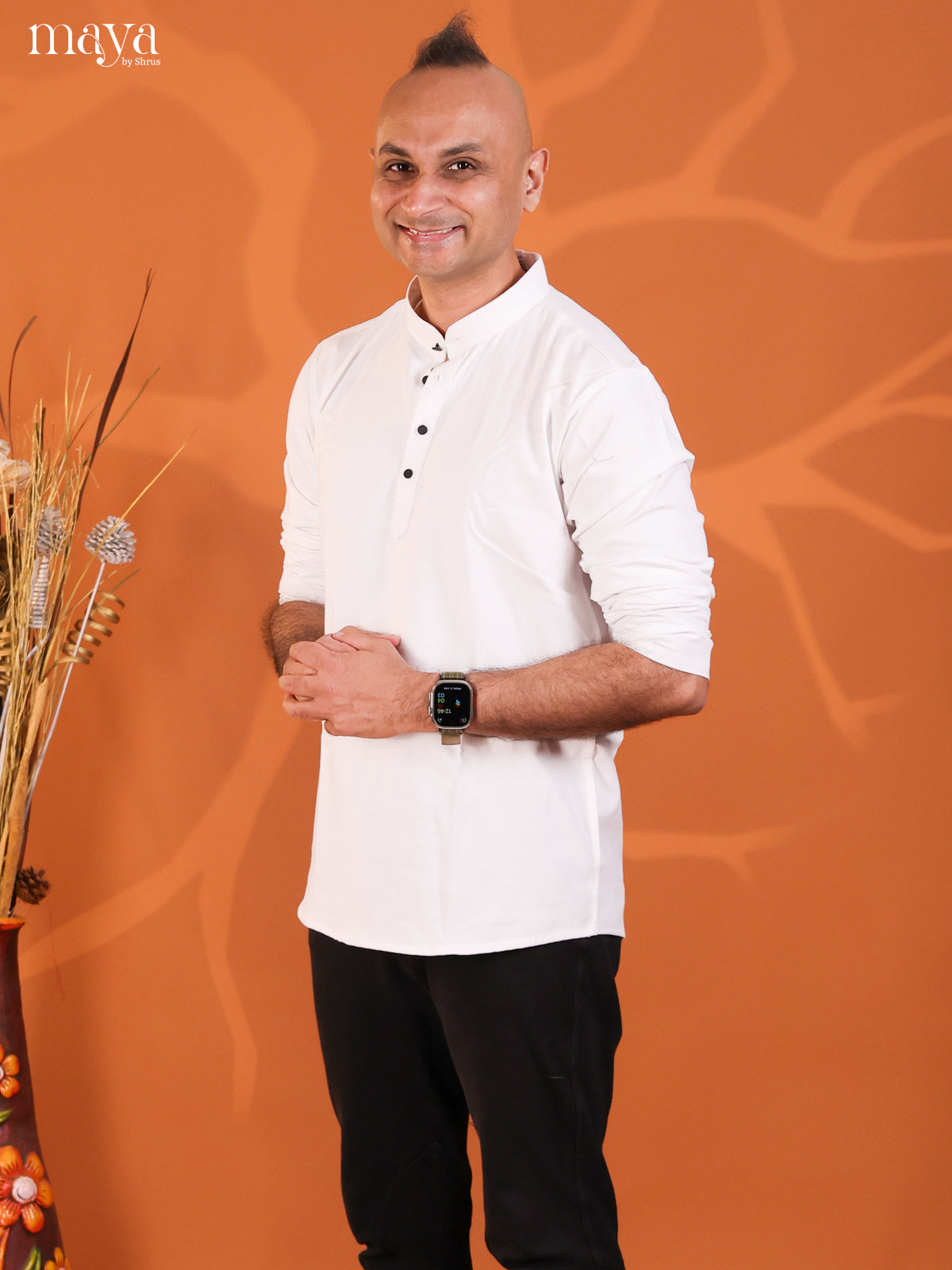 White Cotton Solid Short Men Kurta