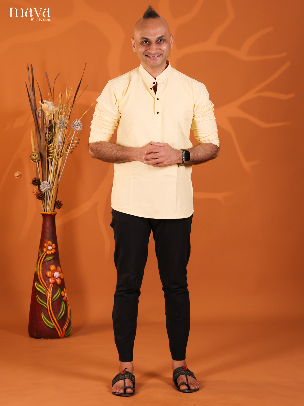 Yellow Cotton Solid Short Men Kurta