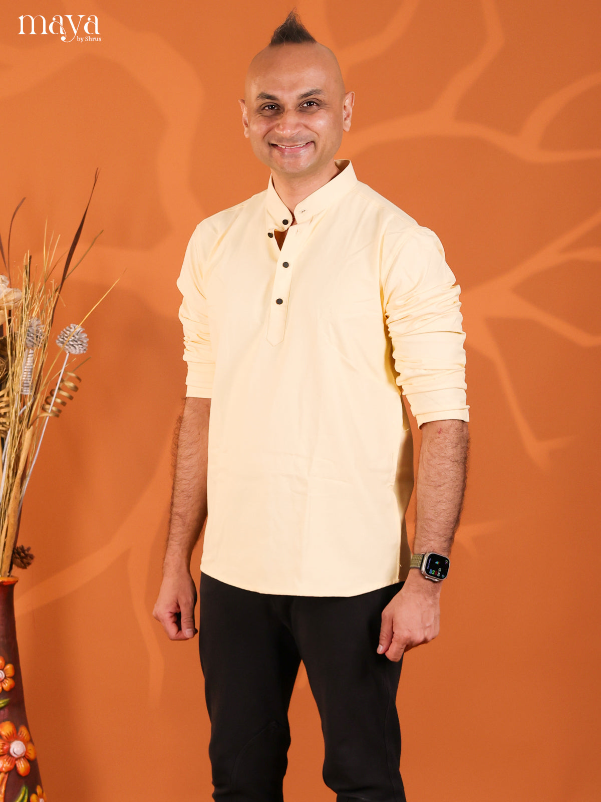 Yellow Cotton Solid Short Men Kurta