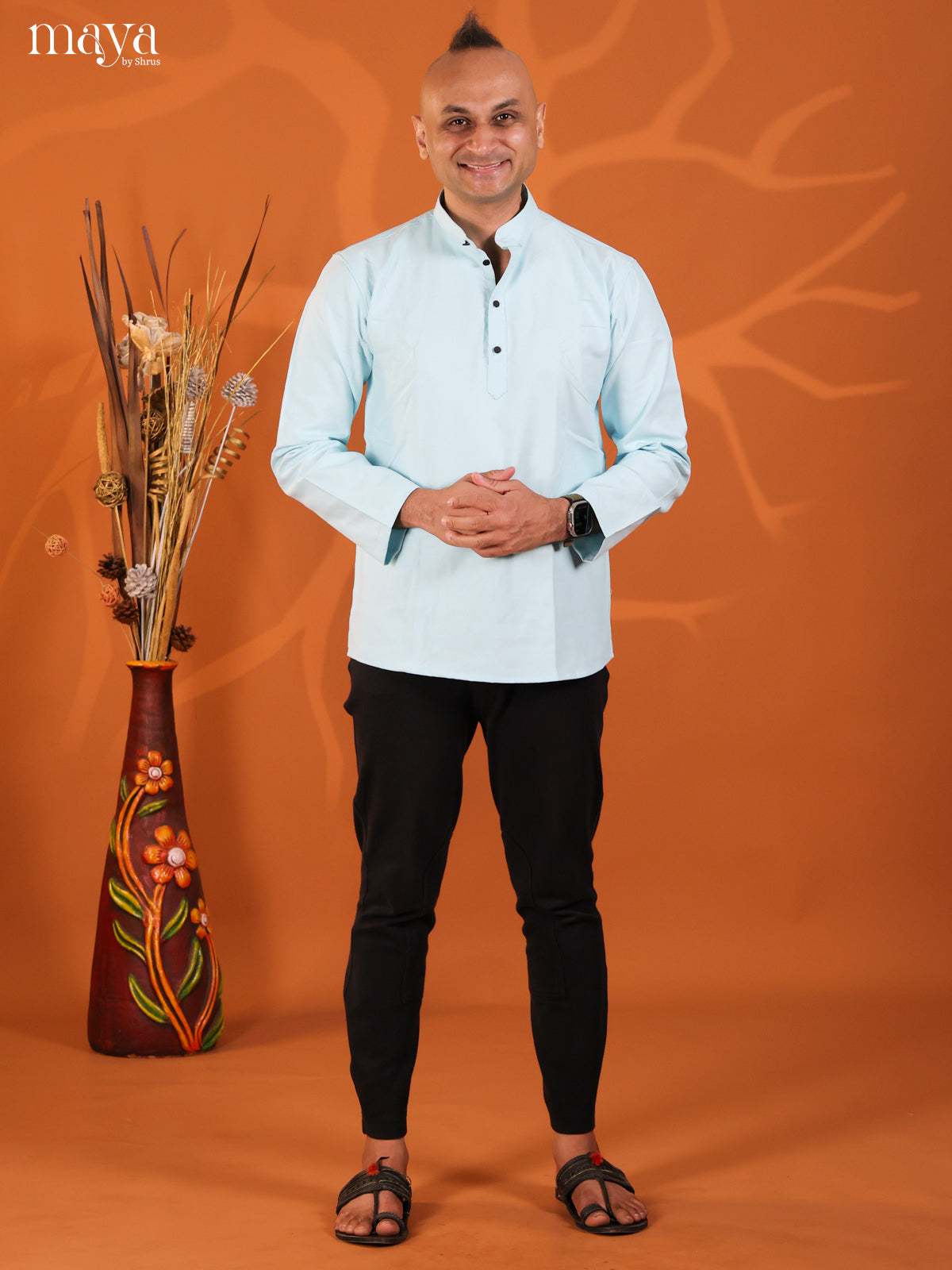 Ice Blue Cotton Solid Short Men Kurta