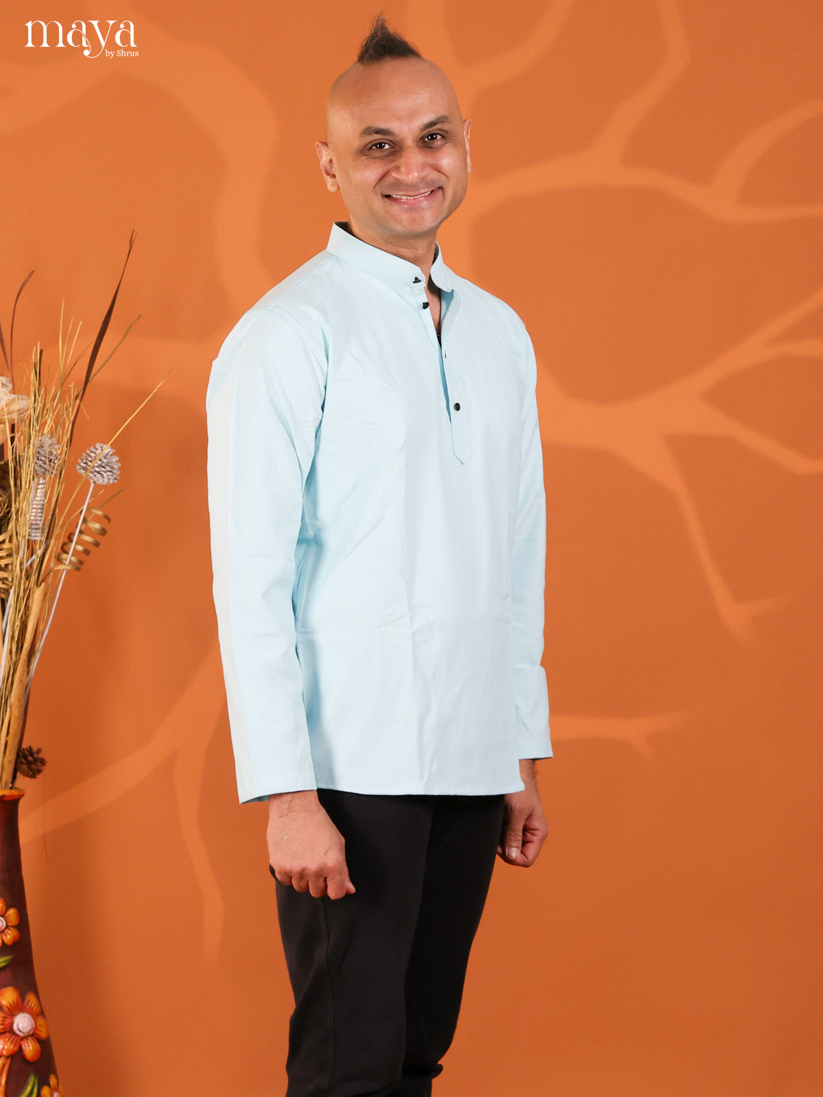 Ice Blue Cotton Solid Short Men Kurta