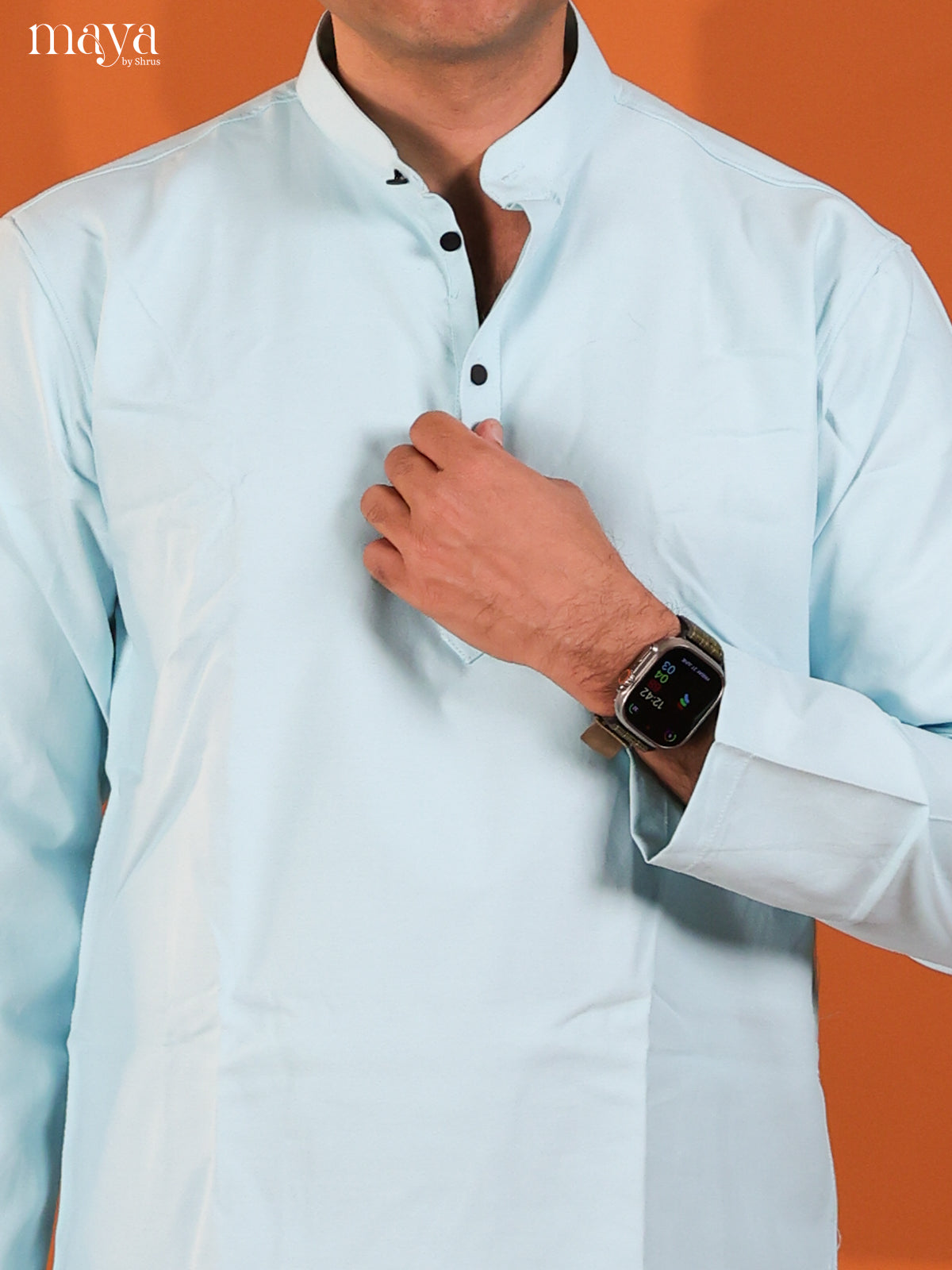 Ice Blue Cotton Solid Short Men Kurta