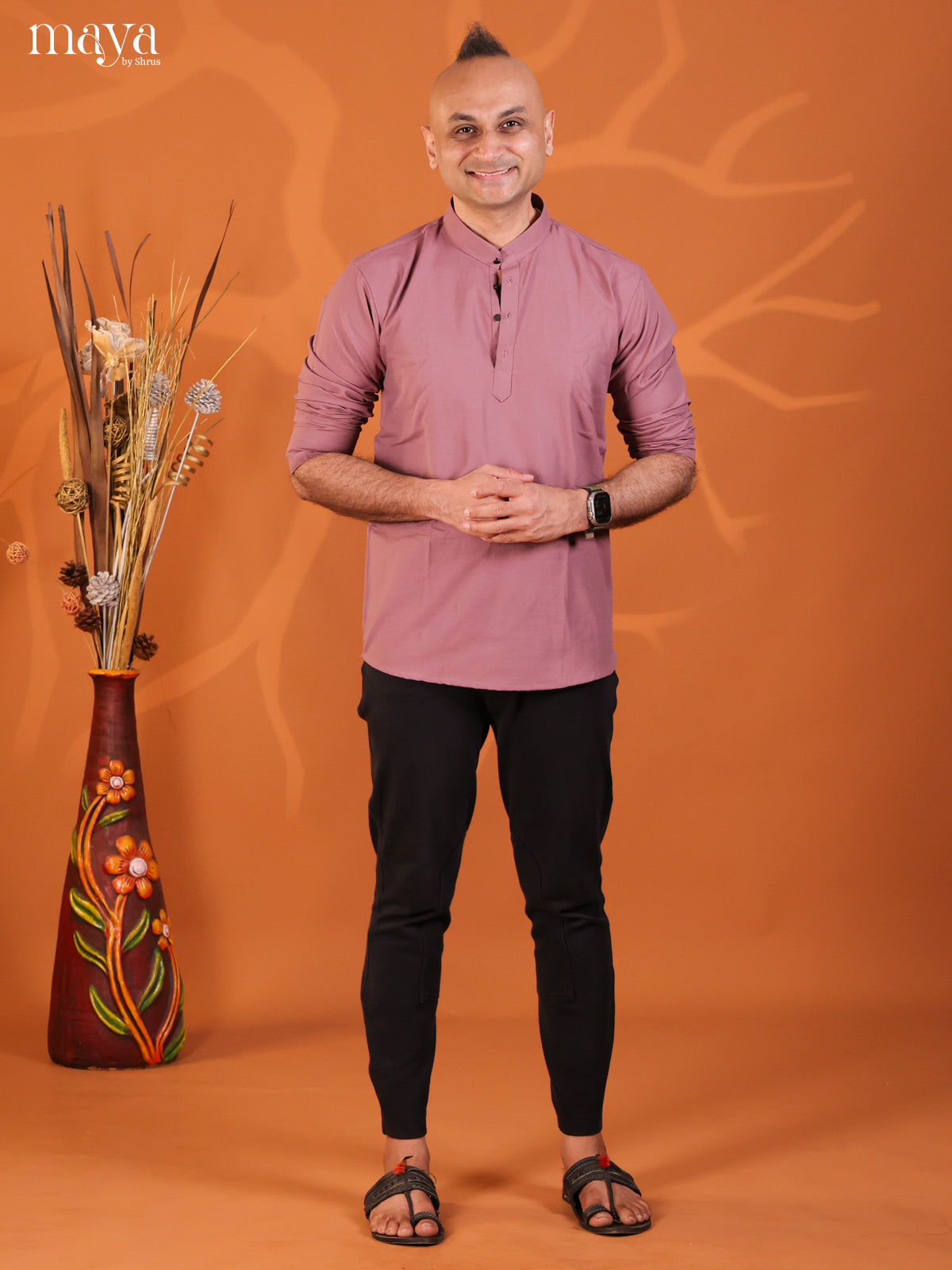 Mauve Pink Cotton Solid Short Men Kurta