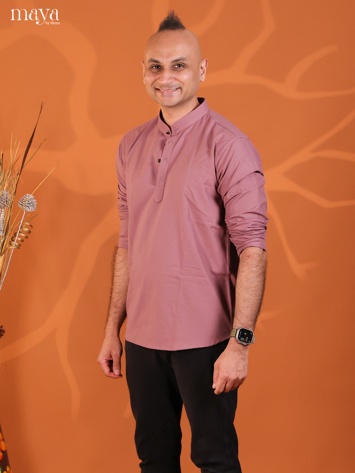 Mauve Pink Cotton Solid Short Men Kurta