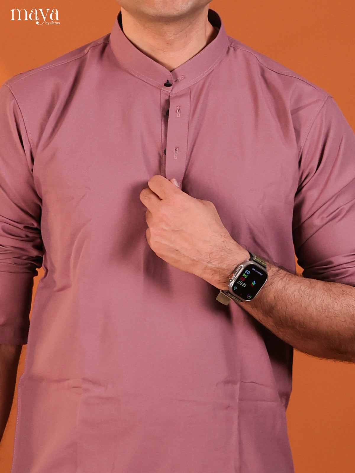 Mauve Pink Cotton Solid Short Men Kurta