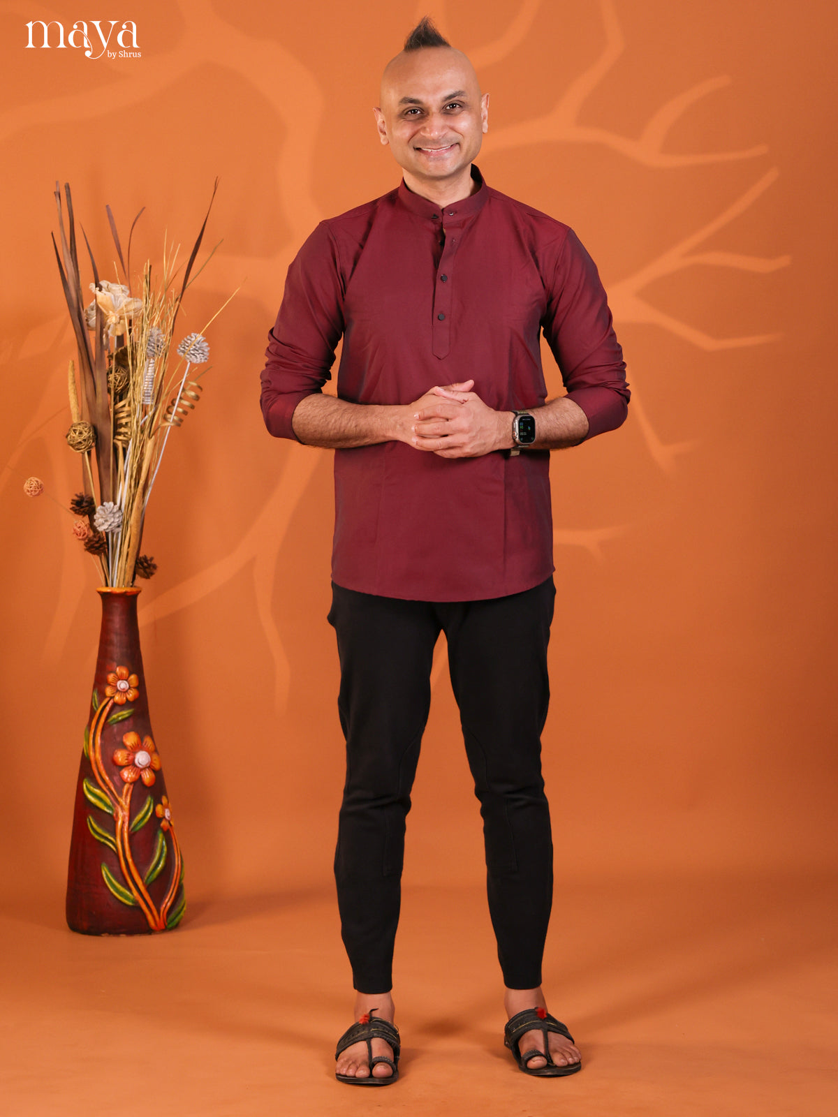 Maroon Cotton Solid Short Men Kurta