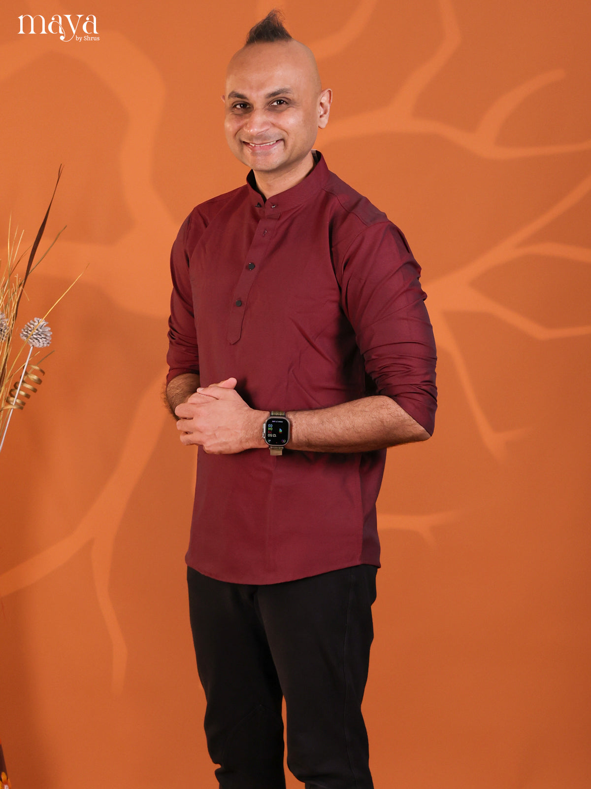Maroon Cotton Solid Short Men Kurta