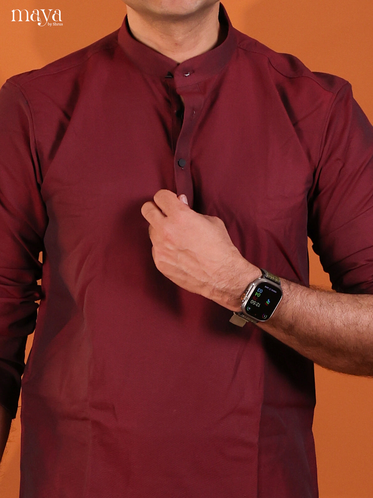 Maroon Cotton Solid Short Men Kurta