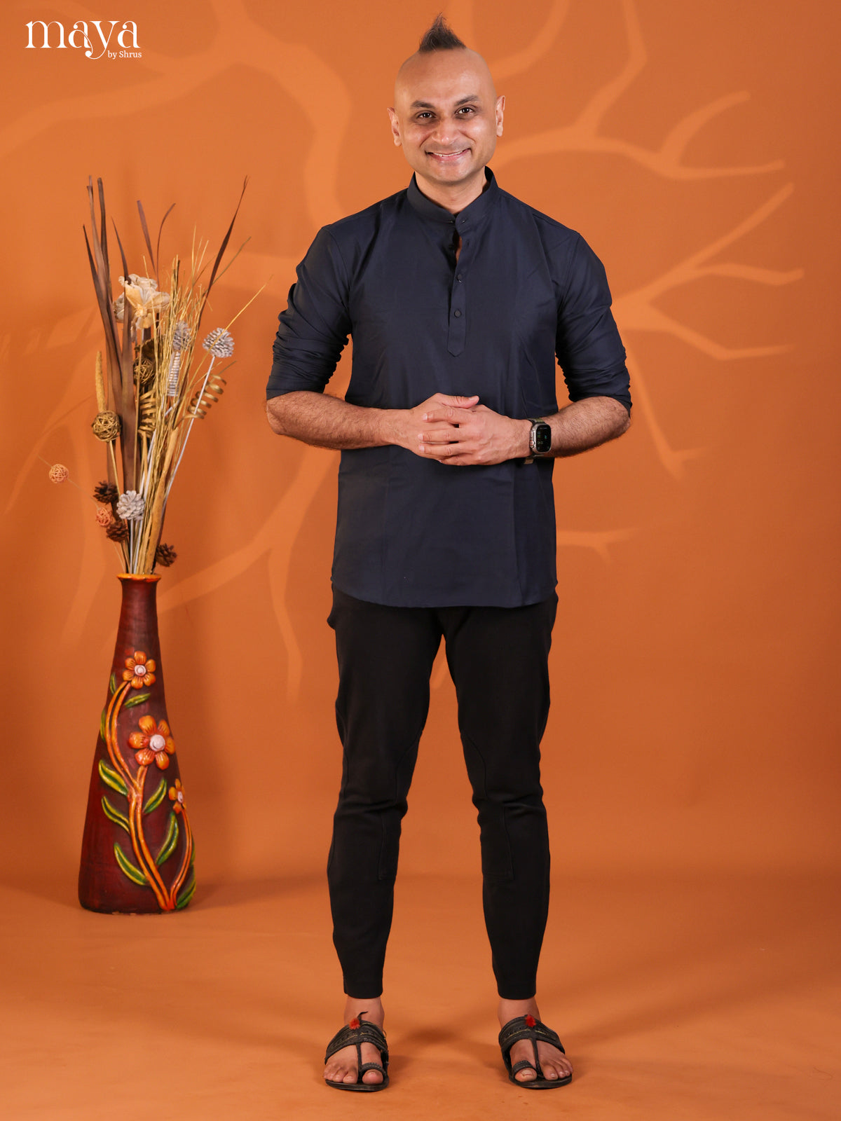 Navy Blue Cotton Solid Short Men Kurta
