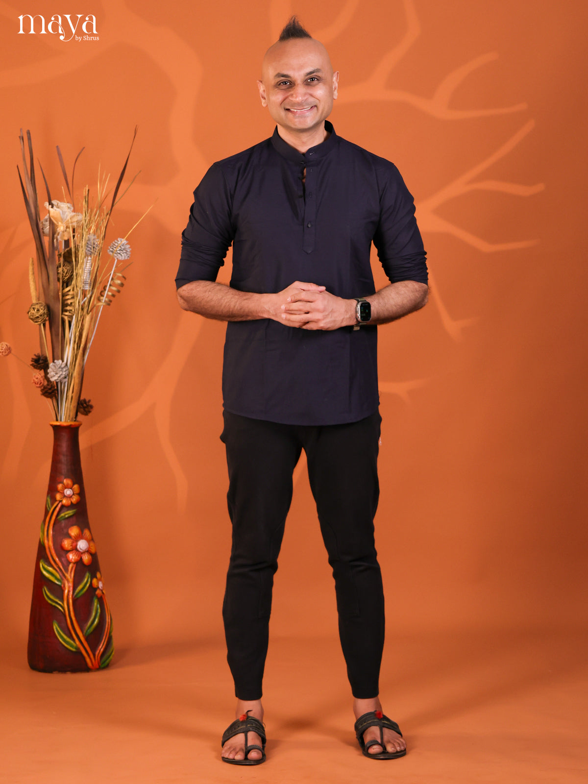 Navy Blue Cotton Solid Short Men Kurta