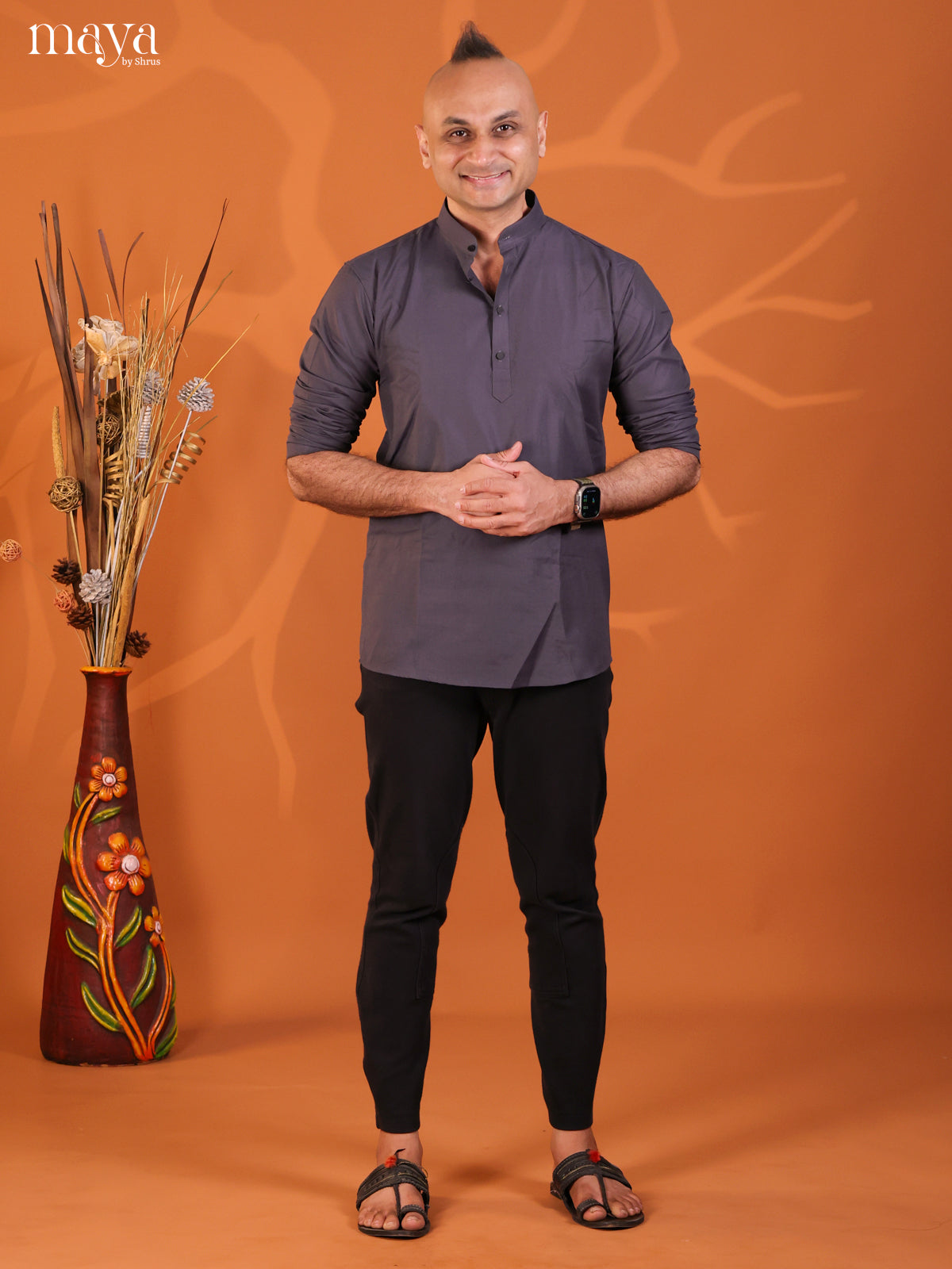 Navy Blue Cotton Solid Short Men Kurta