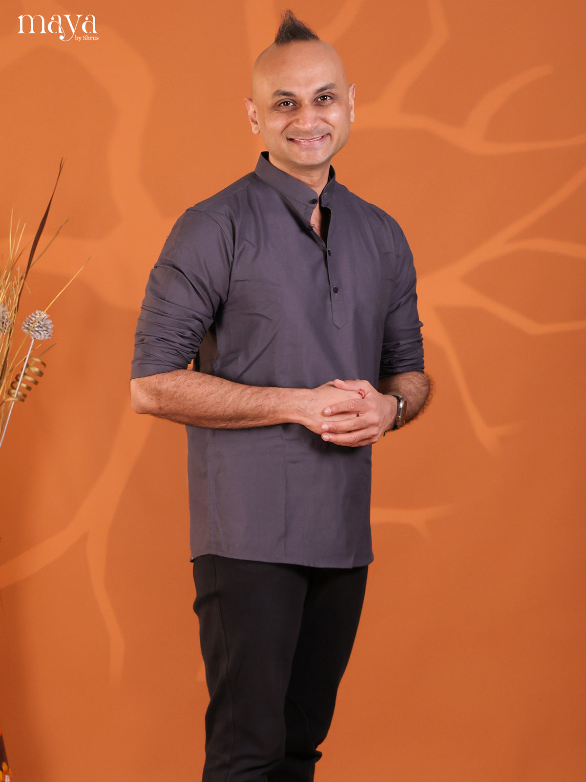 Navy Blue Cotton Solid Short Men Kurta