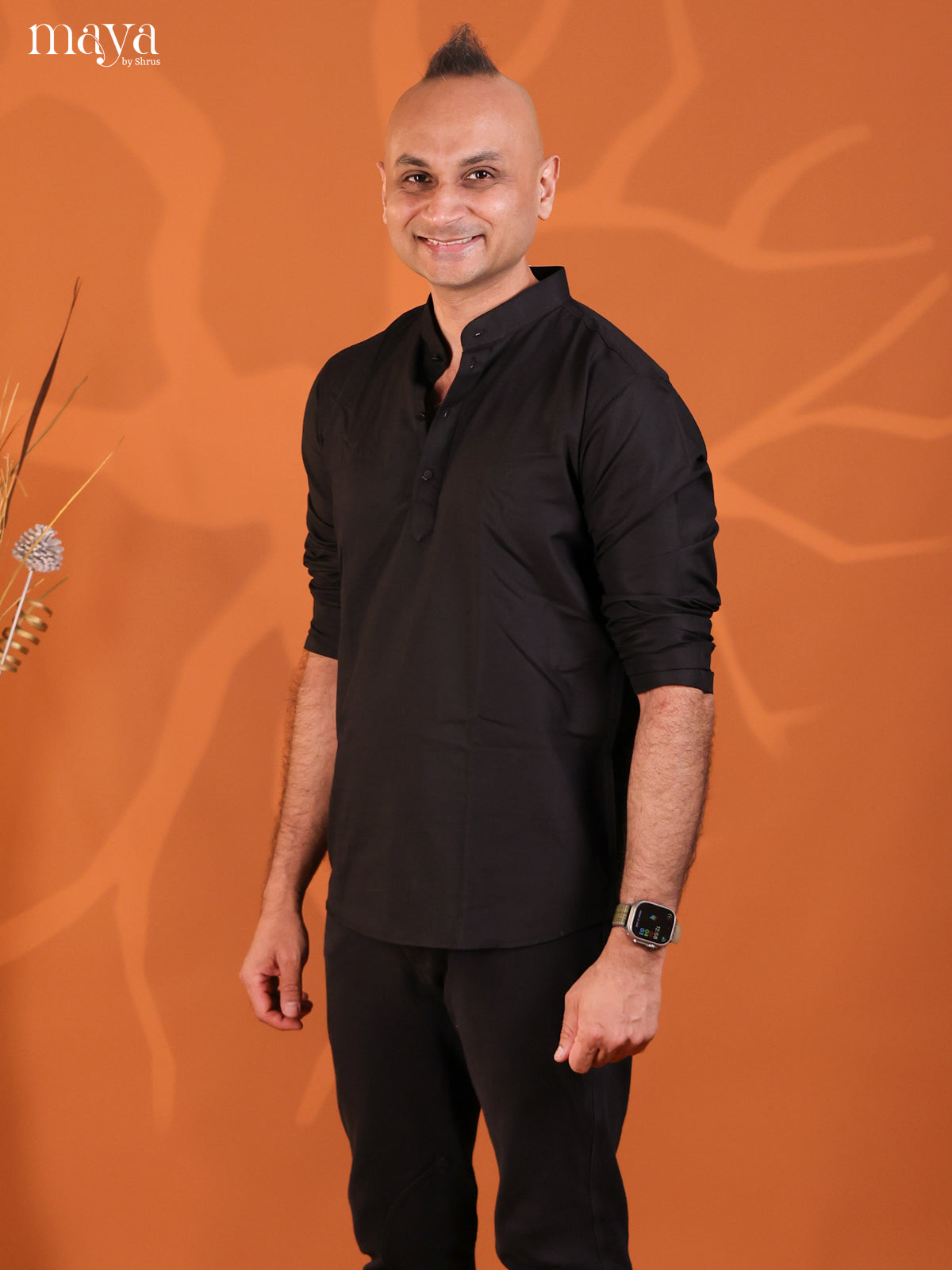 Black Cotton Solid Short Men Kurta