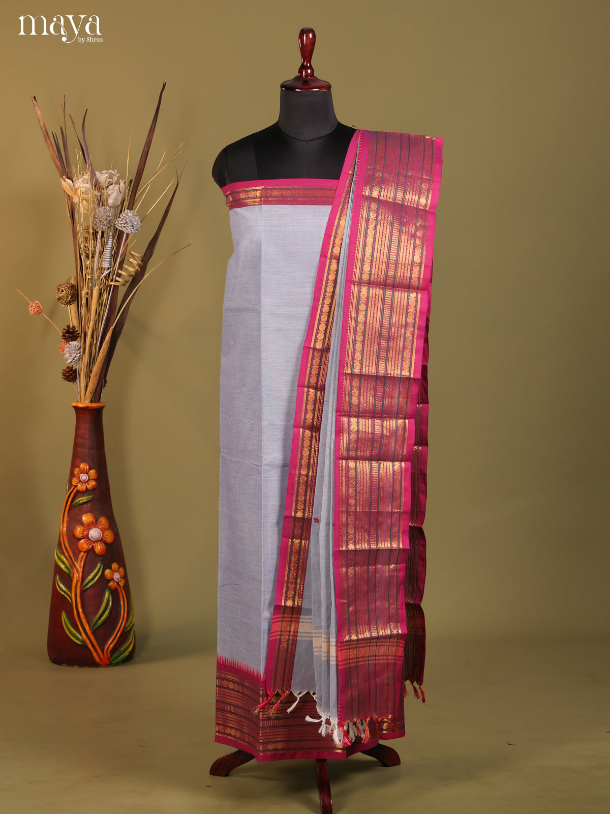 Grey & Majenta - chettinad top & dupatta combo