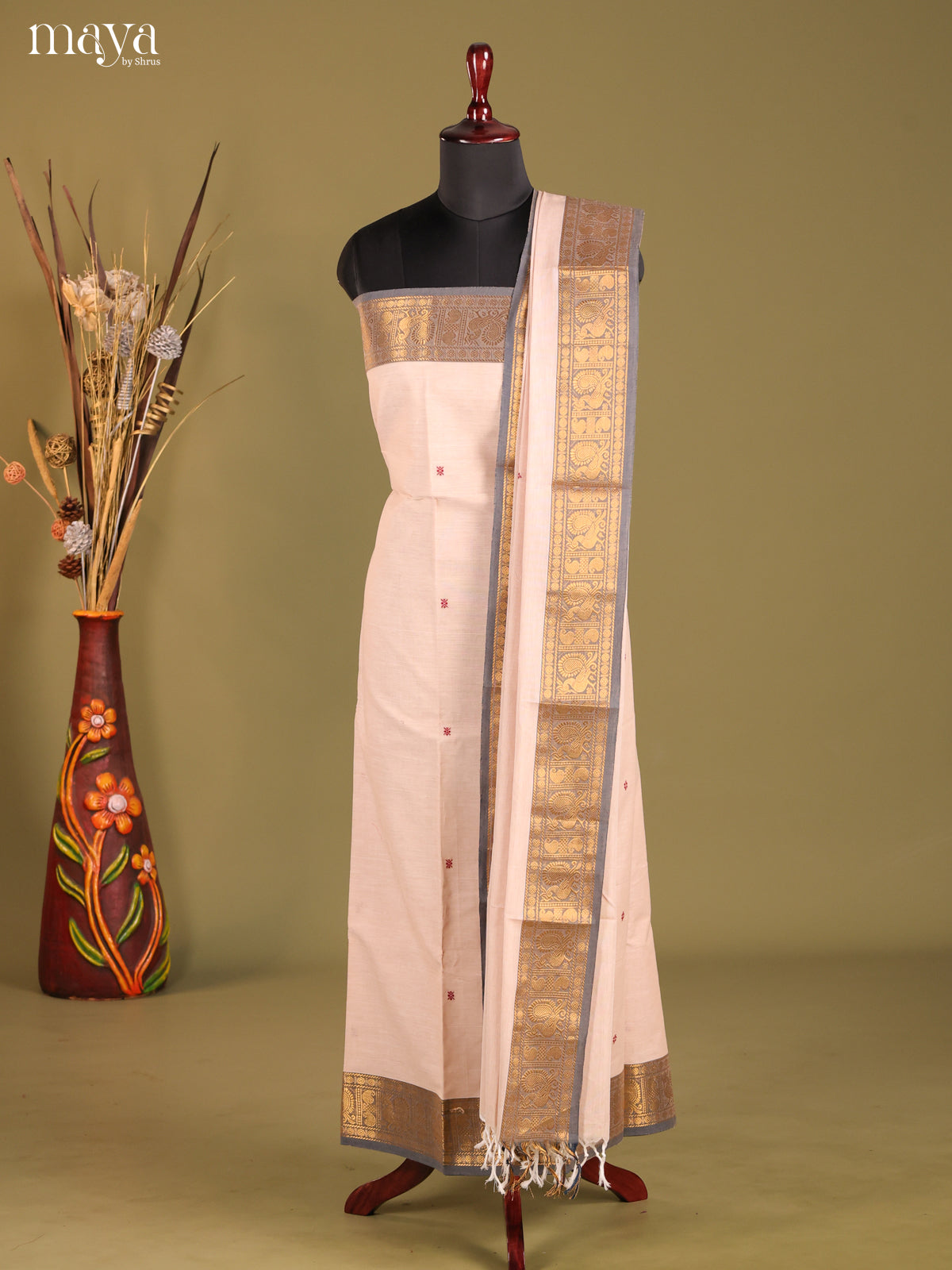 Cream & Grey- chettinad top & dupatta combo