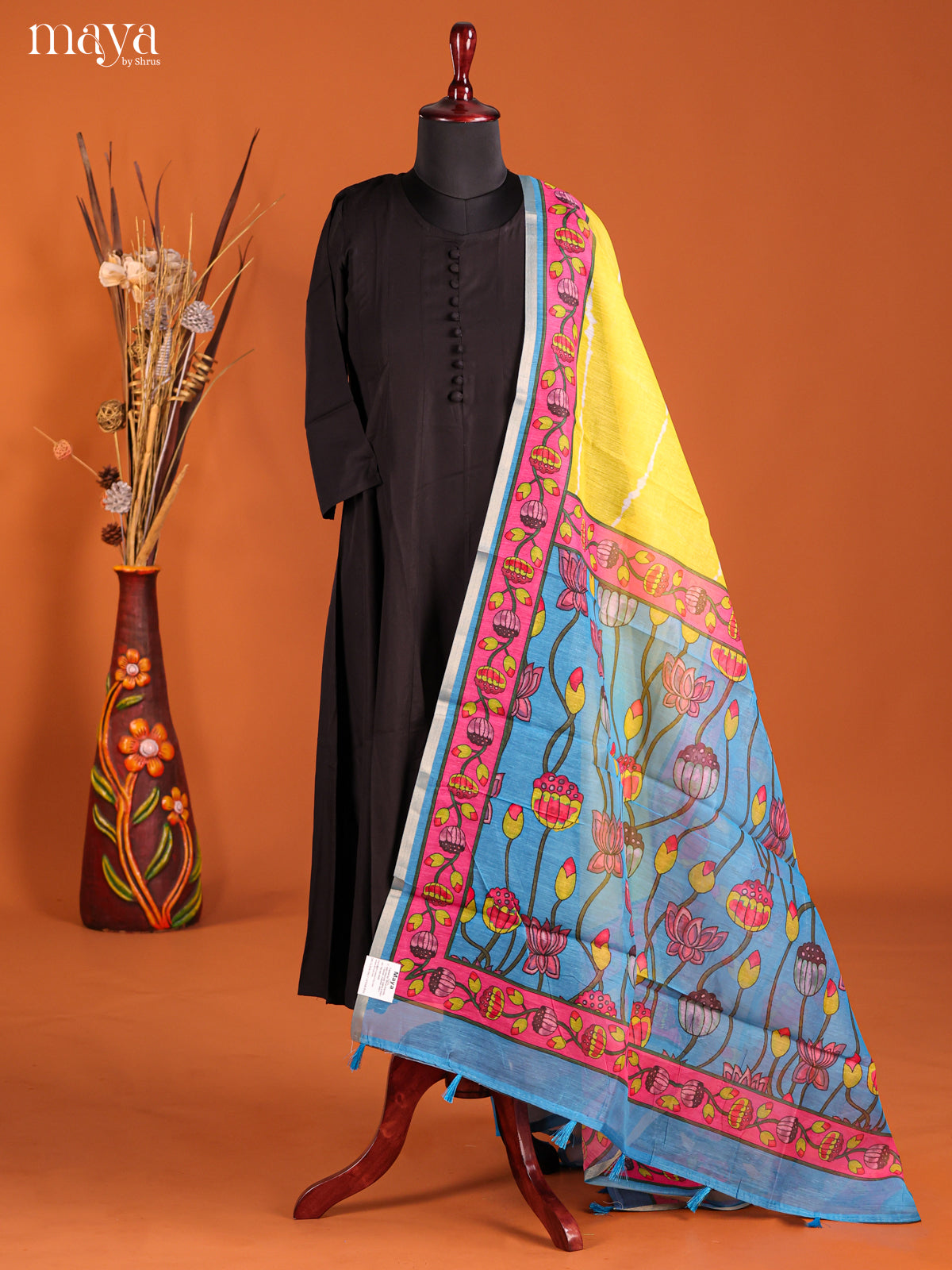 Yellow & Blue-Semi Maheshwari Print Dupatta