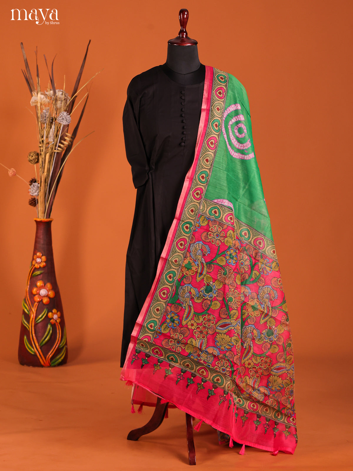 Green & Red-Semi Maheshwari Print Dupatta