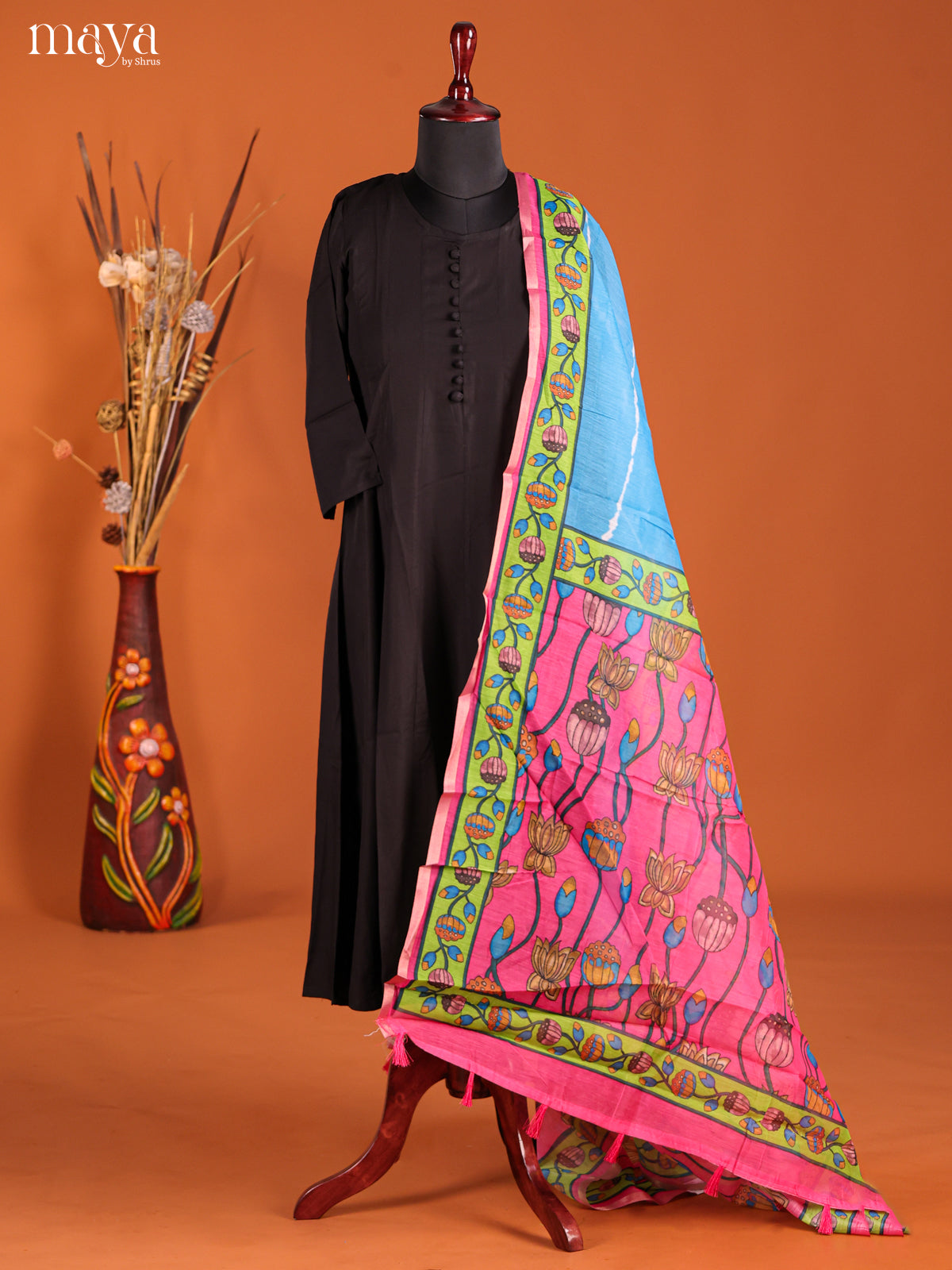 Blue & Pink -Semi Maheshwari Print Dupatta