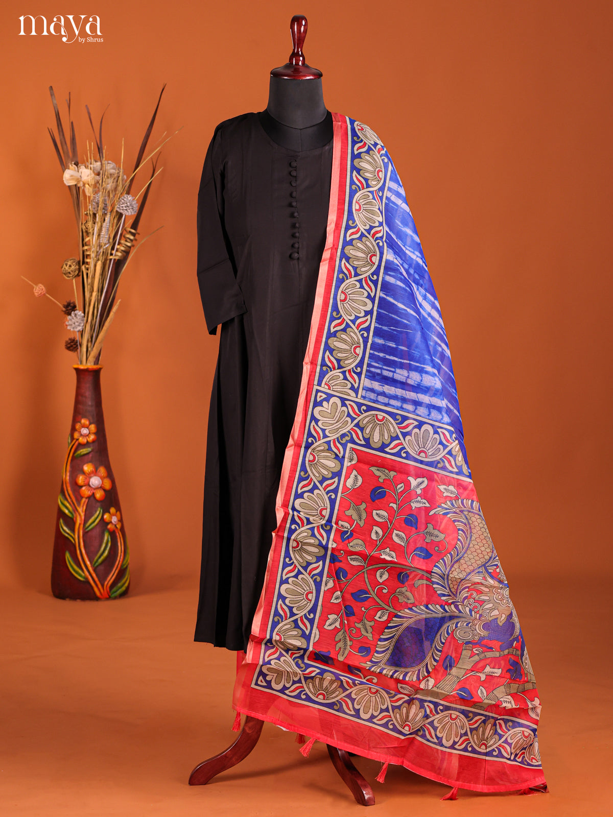 Blue & Red-Semi Maheshwari Print Dupatta
