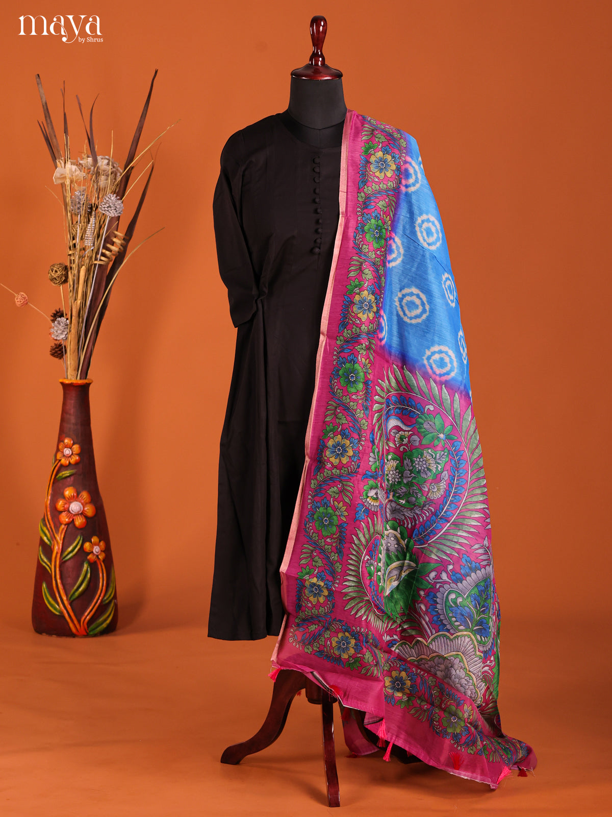 Blue & Pink-Semi Maheshwari Print Dupatta