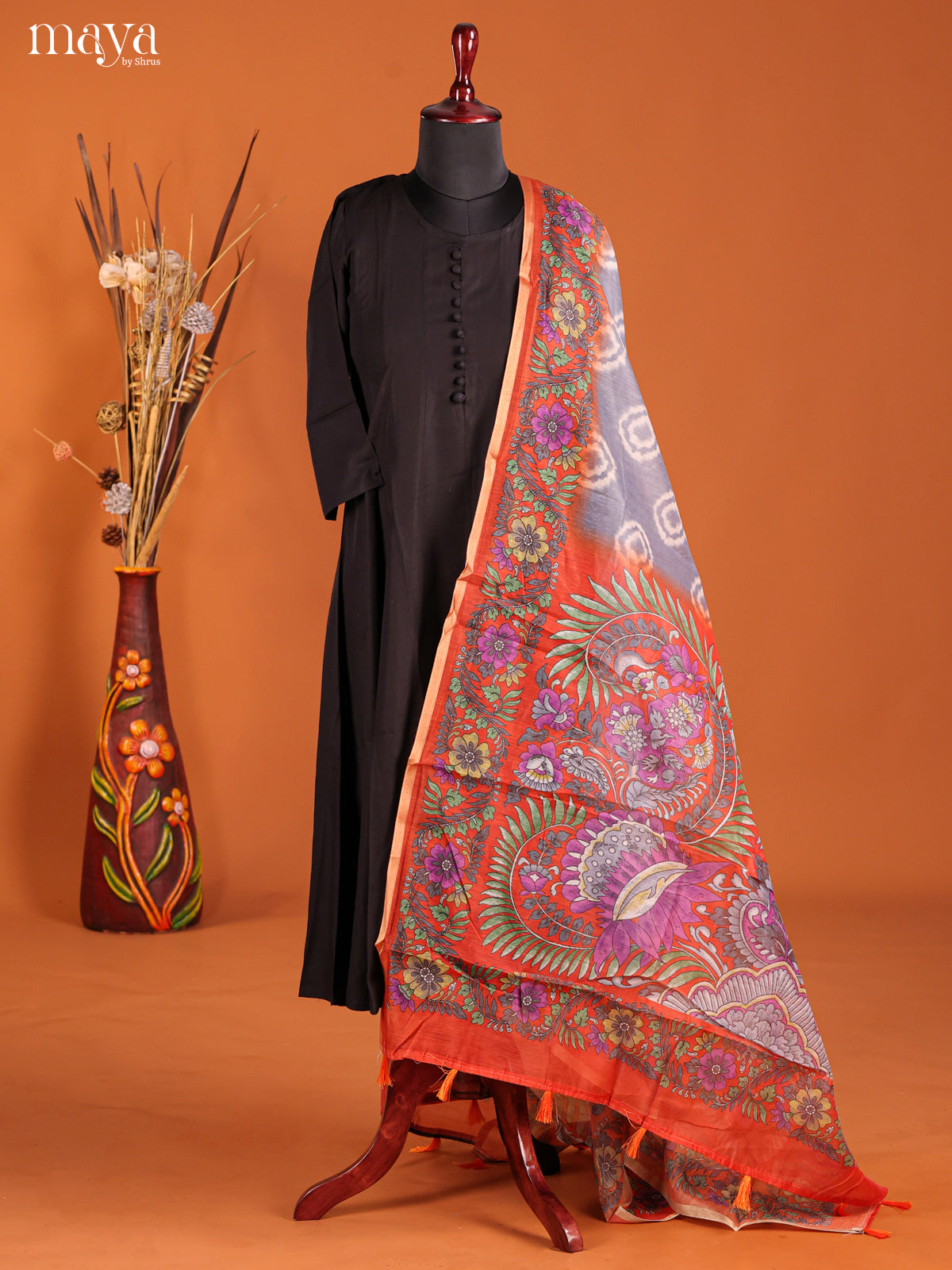 Grey & Orange-Semi Maheshwari Print Dupatta