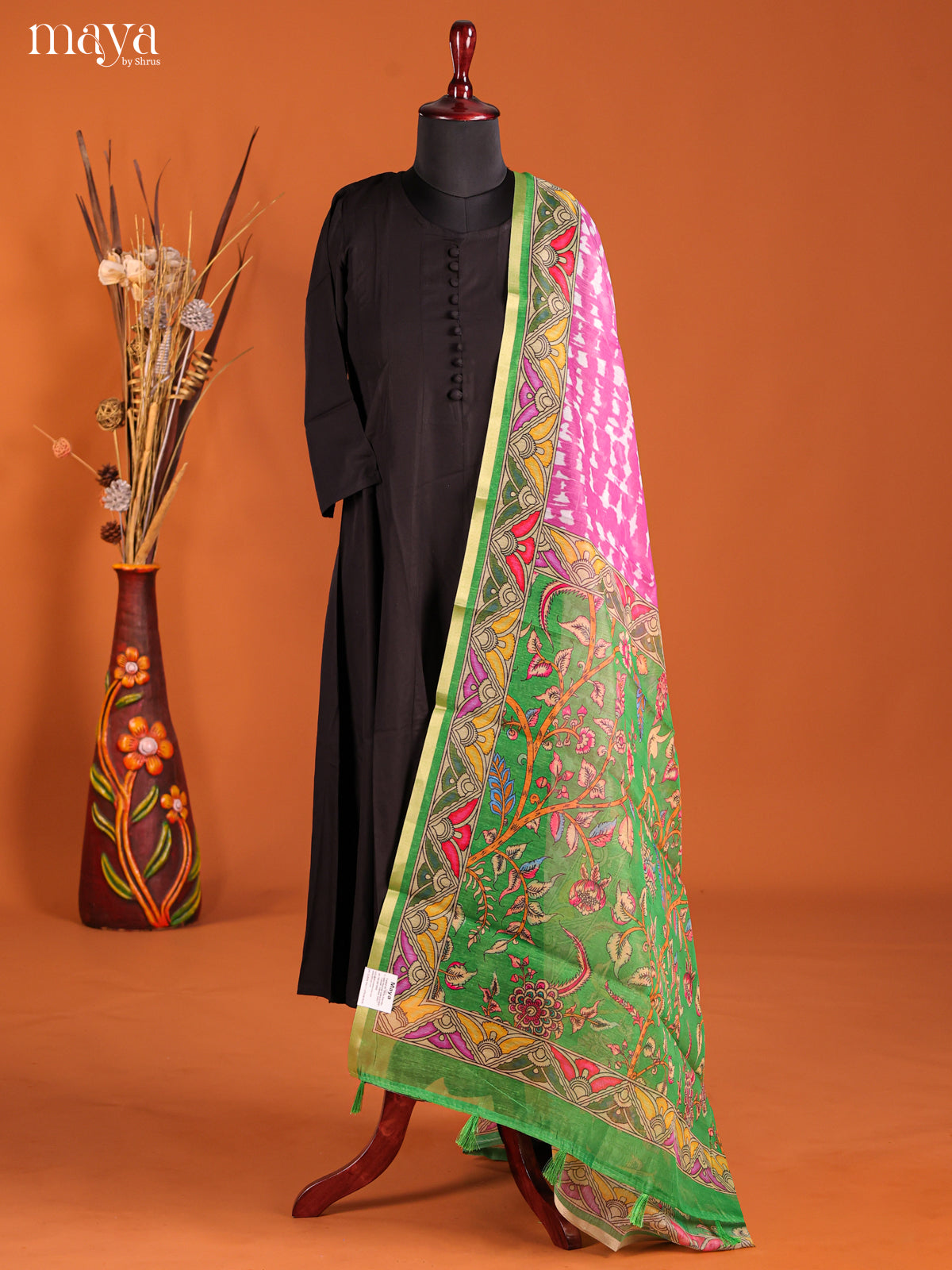 Pink & Green -Semi Maheshwari Print Dupatta