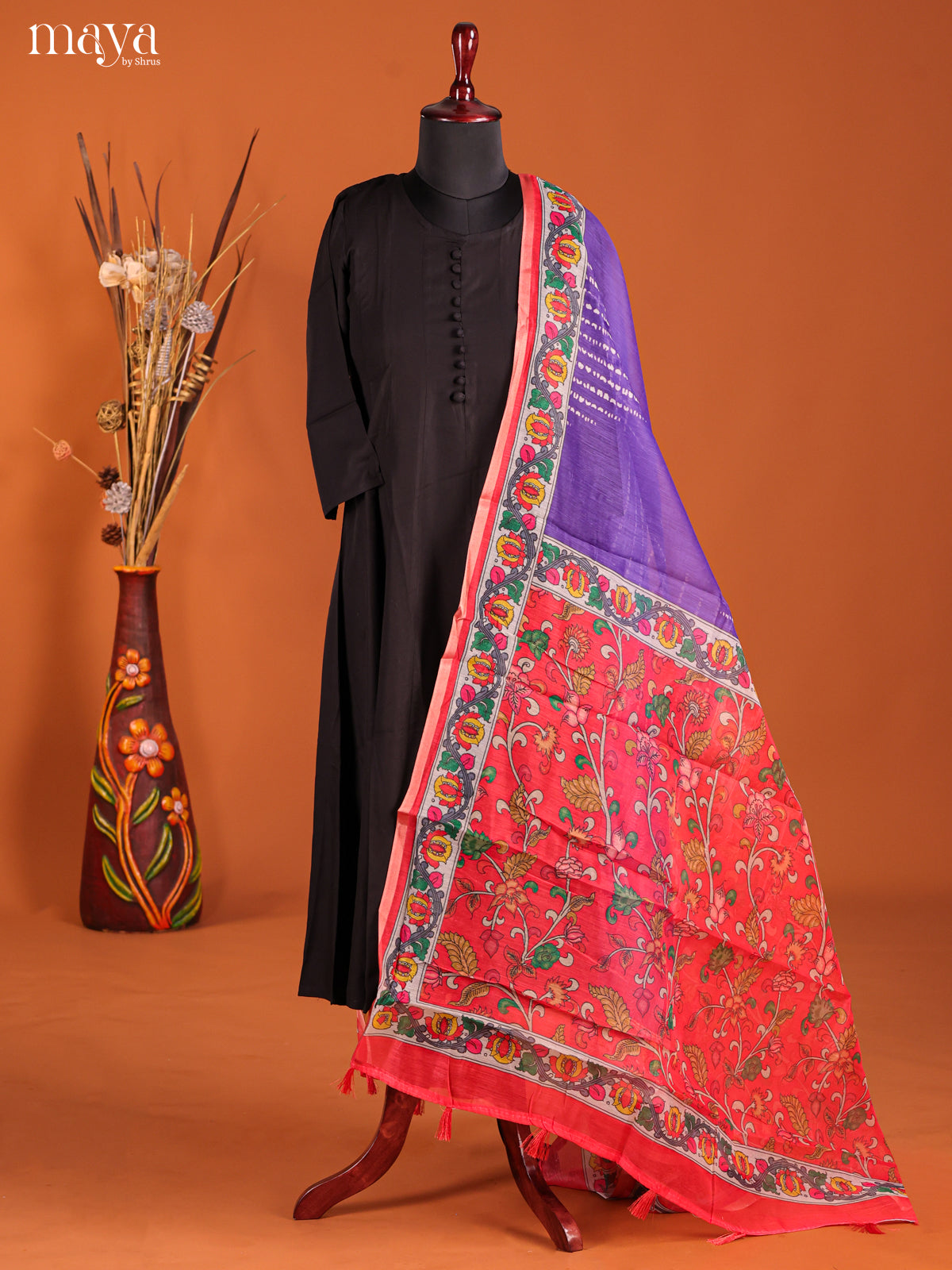 Purple & Red-Semi Maheshwari Print Dupatta