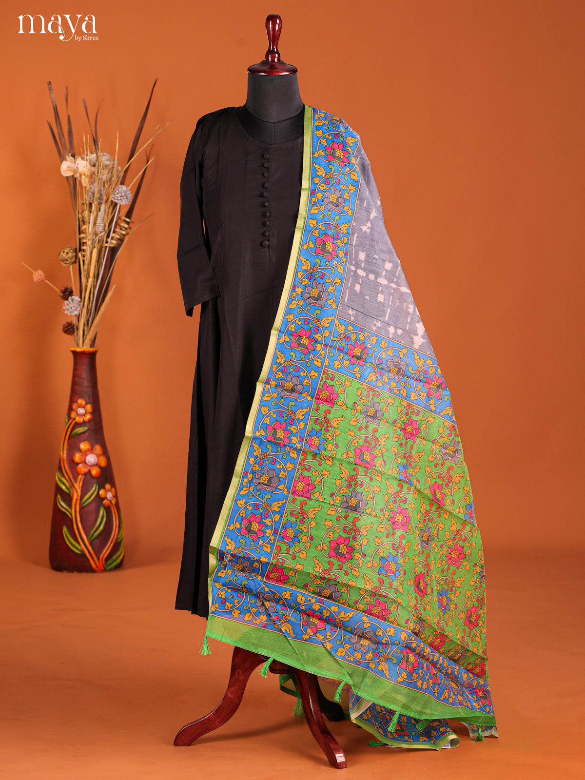 Grey & Blue -Semi Maheshwari Print Dupatta