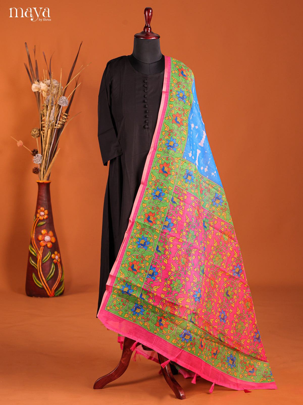 Blue & Pink -Semi Maheshwari Print Dupatta