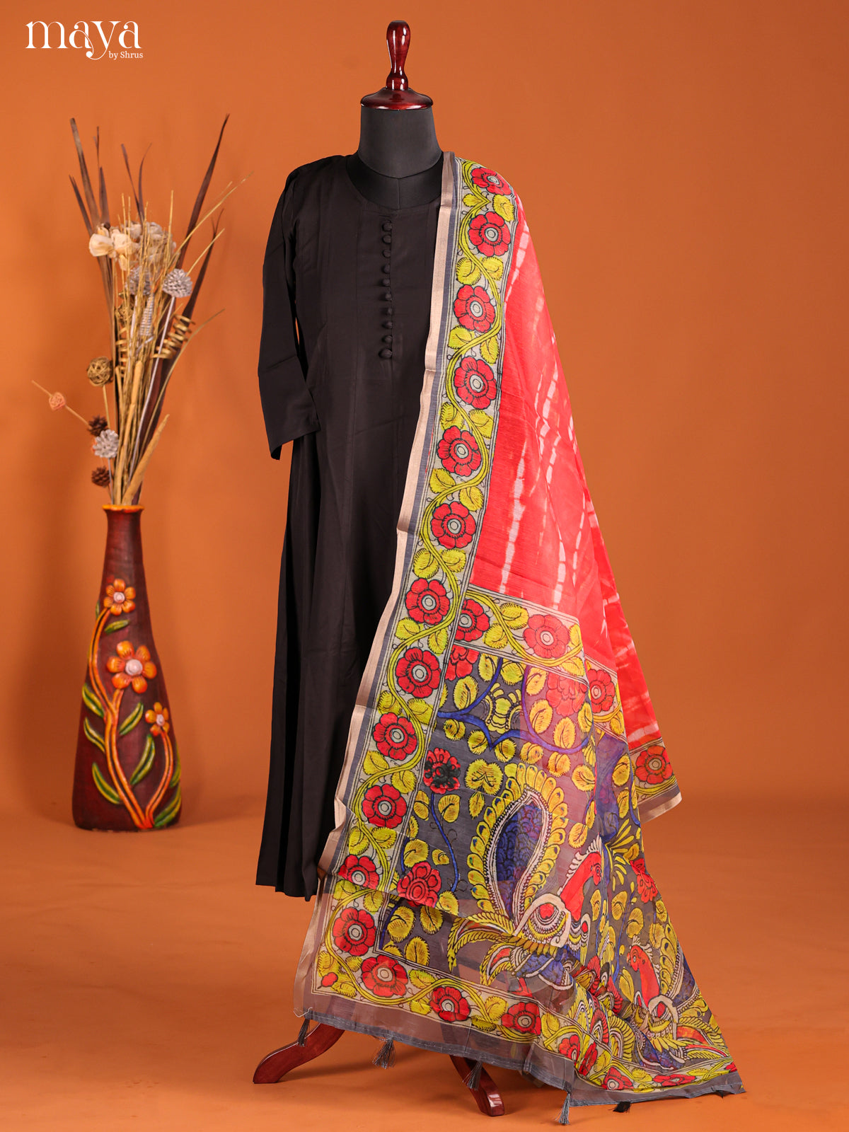 Red & Blue -Semi Maheshwari Print Dupatta