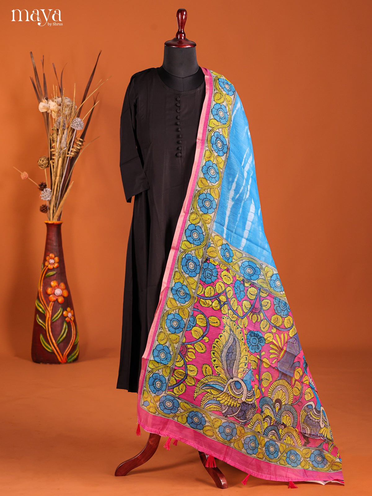 Blue & Pink -Semi Maheshwari Print Dupatta