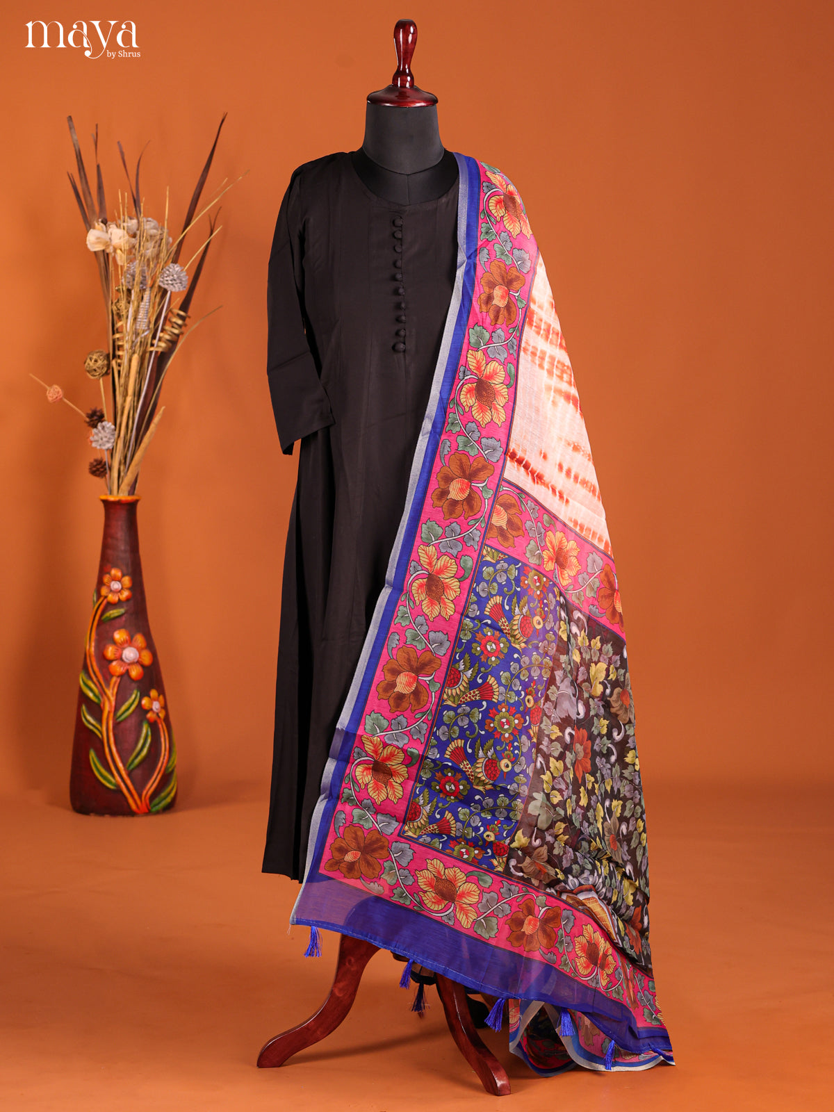 Cream & Blue-Semi Maheshwari Print Dupatta