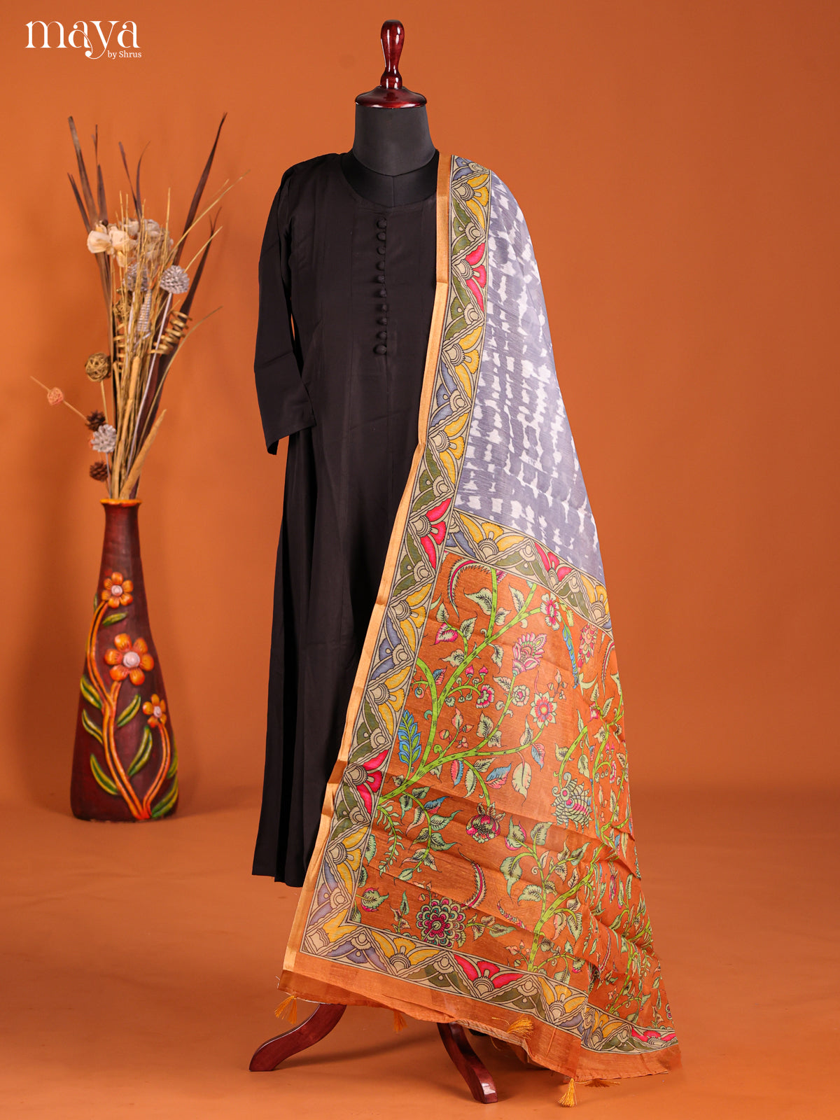 Grey & Orange-Semi Maheshwari Print Dupatta