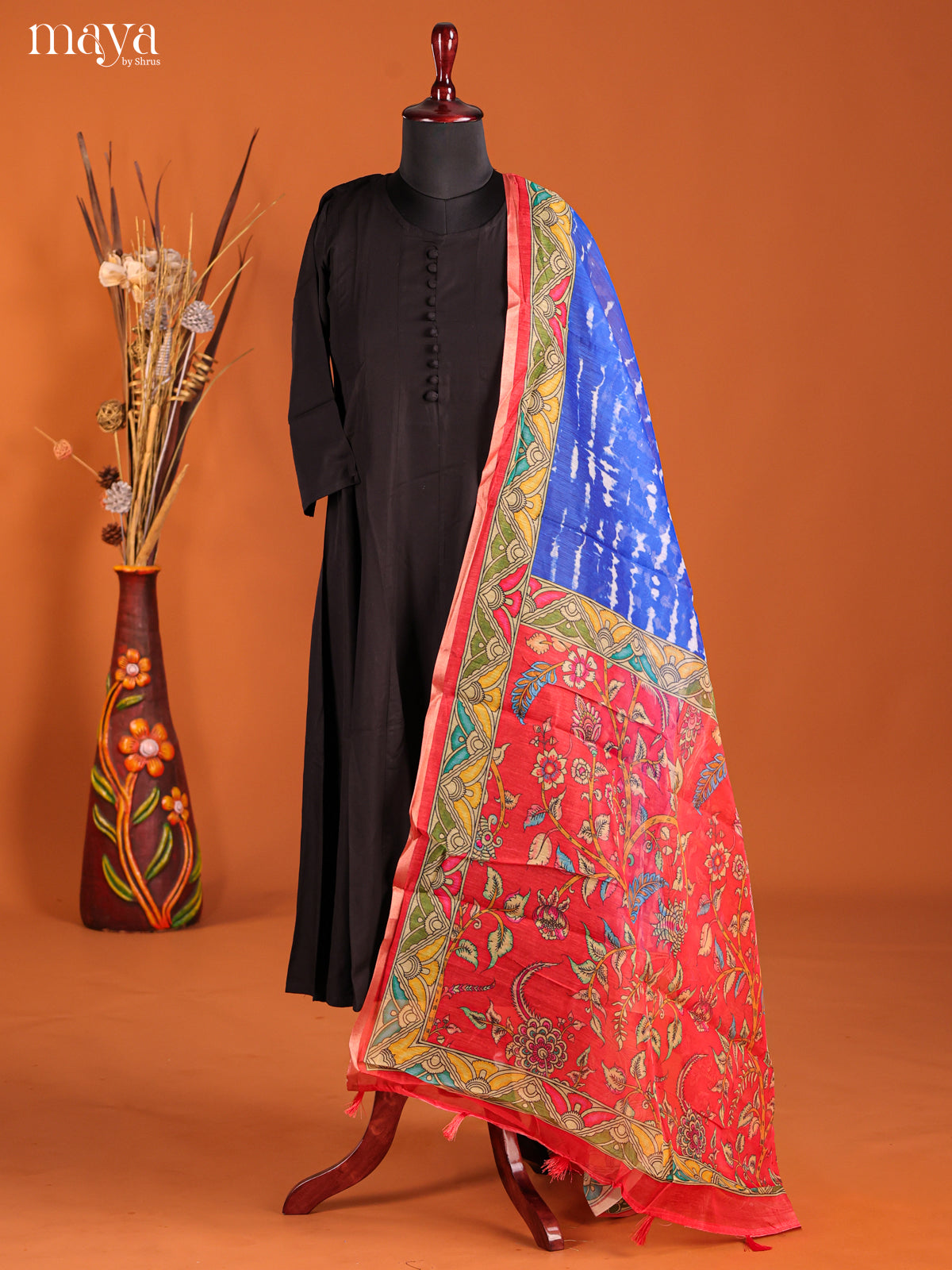 Blue & Red-Semi Maheshwari Print Dupatta