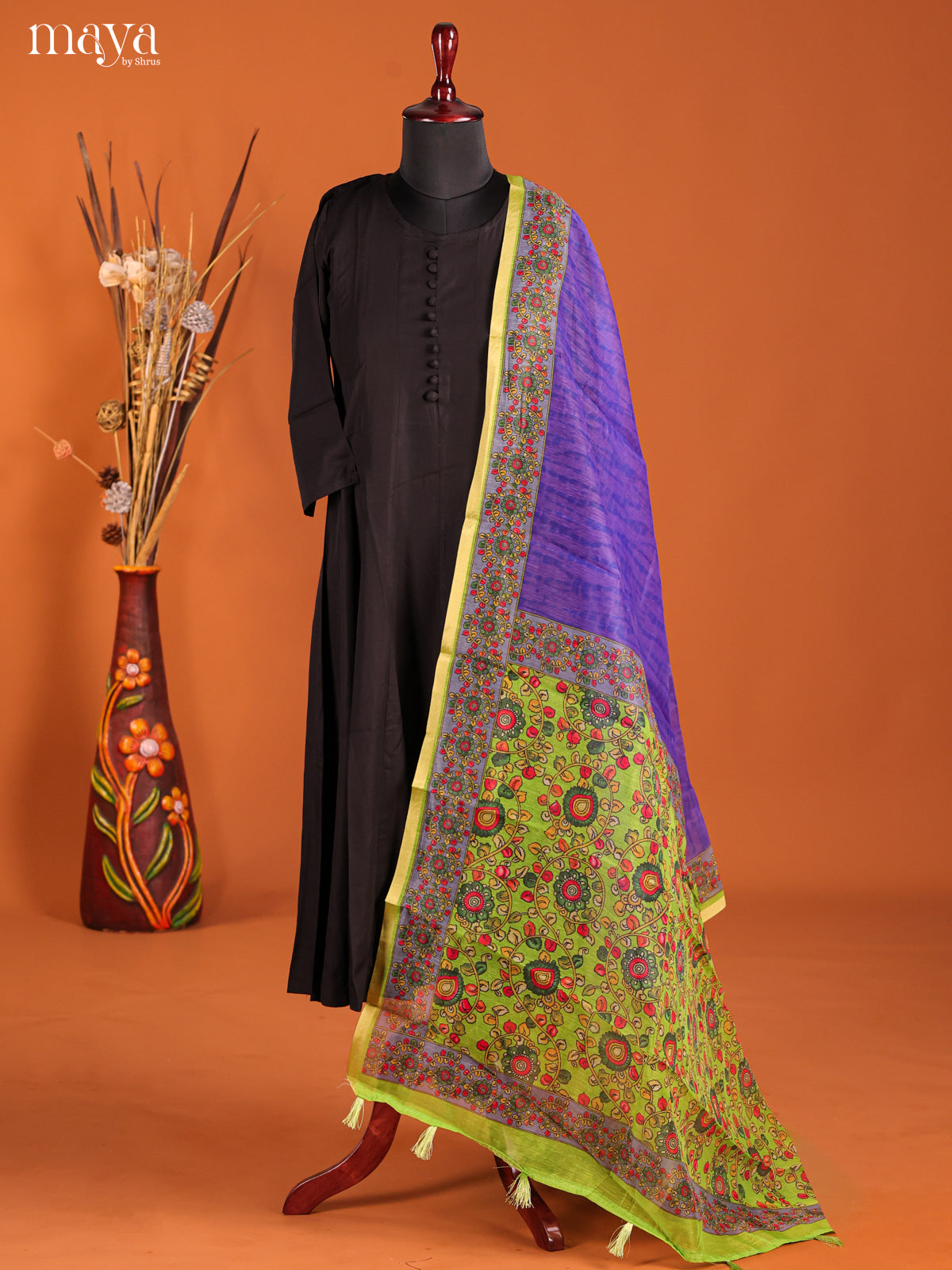 Purple & Green-Semi Maheshwari Print Dupatta