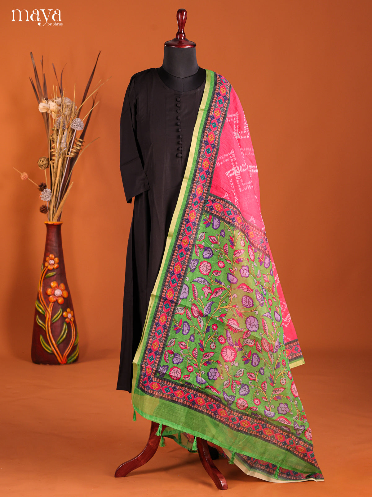 Pink & Green -Semi Maheshwari Print Dupatta