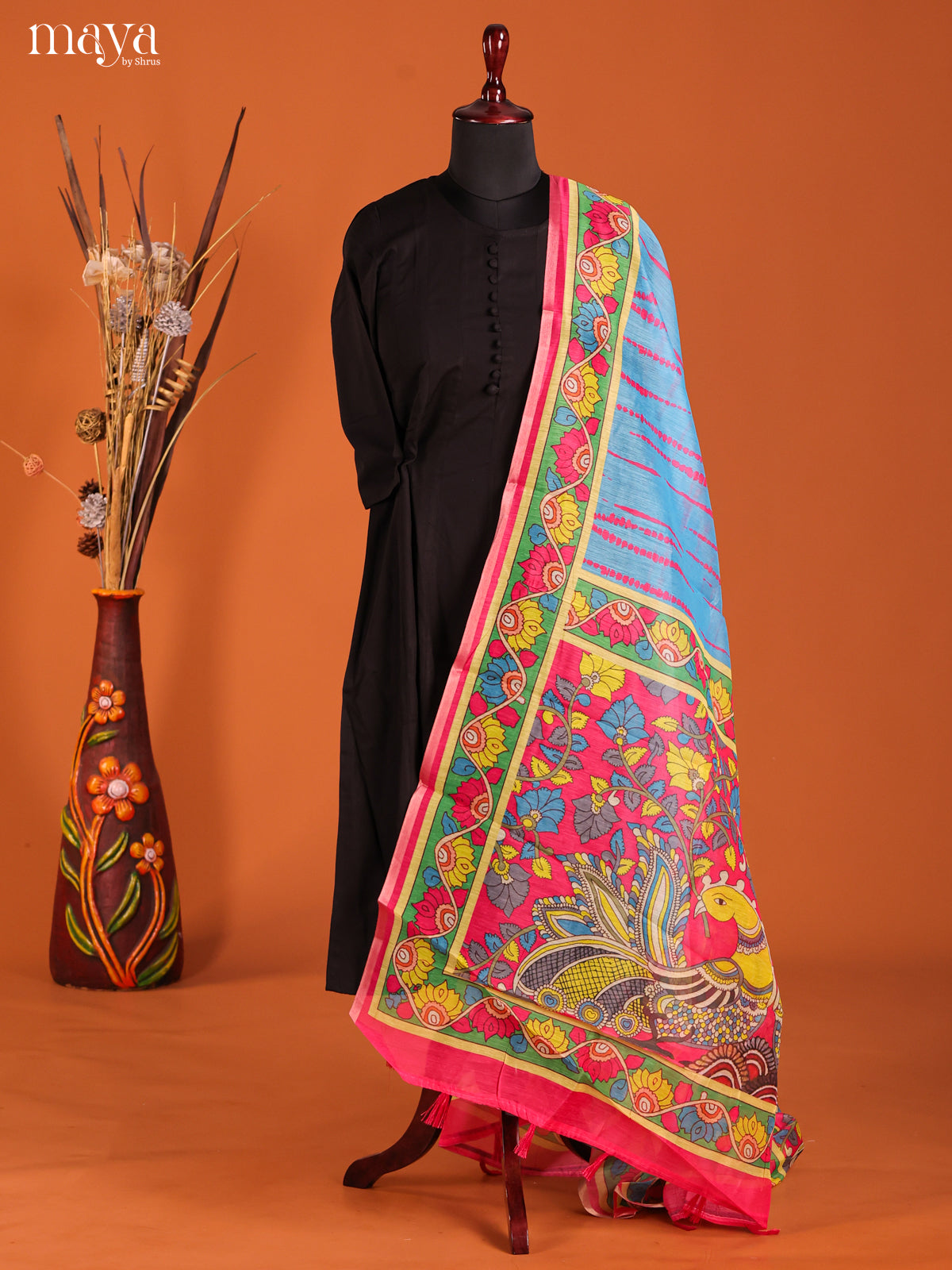 Blue & Pink -Semi Maheshwari Print Dupatta