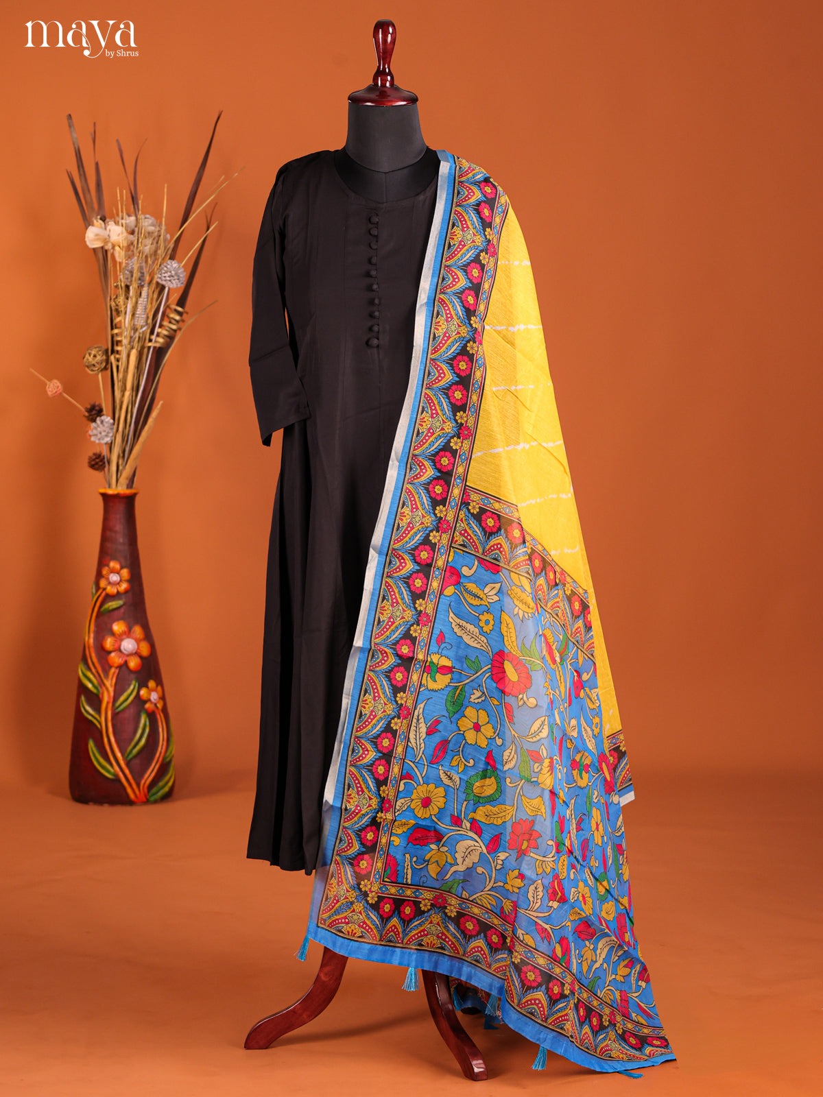 Yellow & Blue-Semi Maheshwari Print Dupatta