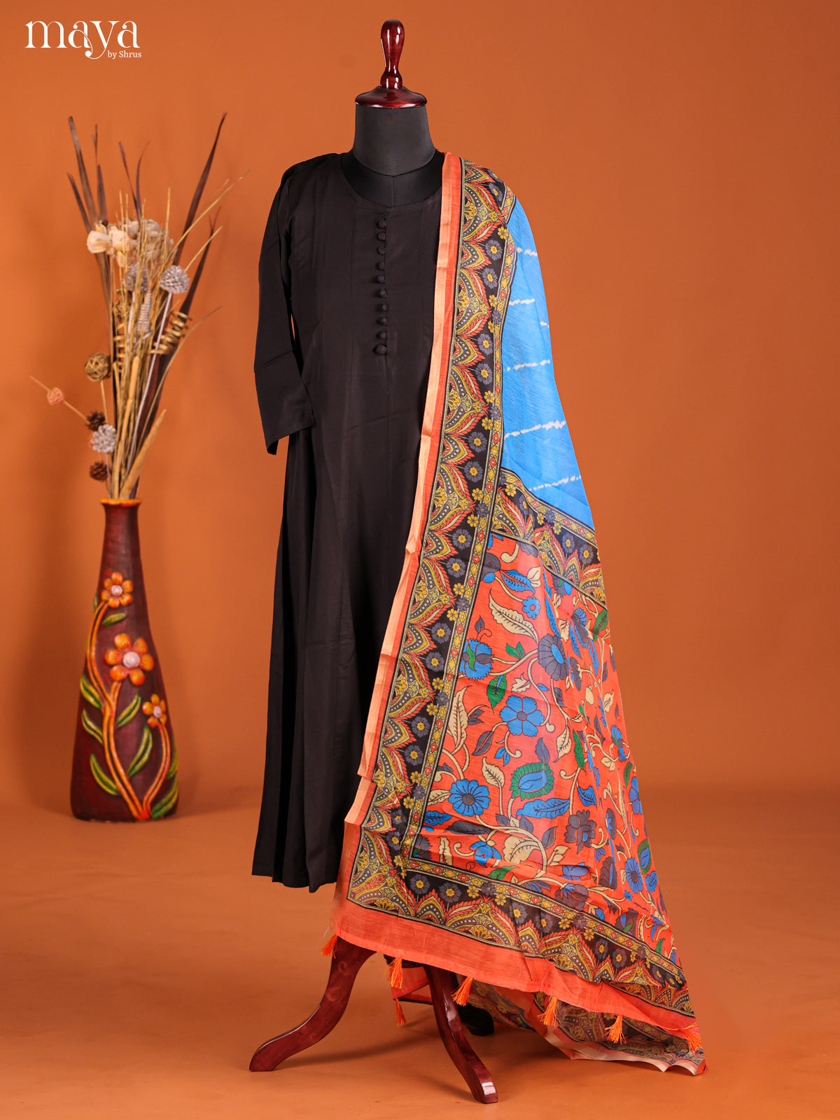 Blue & Orange -Semi Maheshwari Print Dupatta
