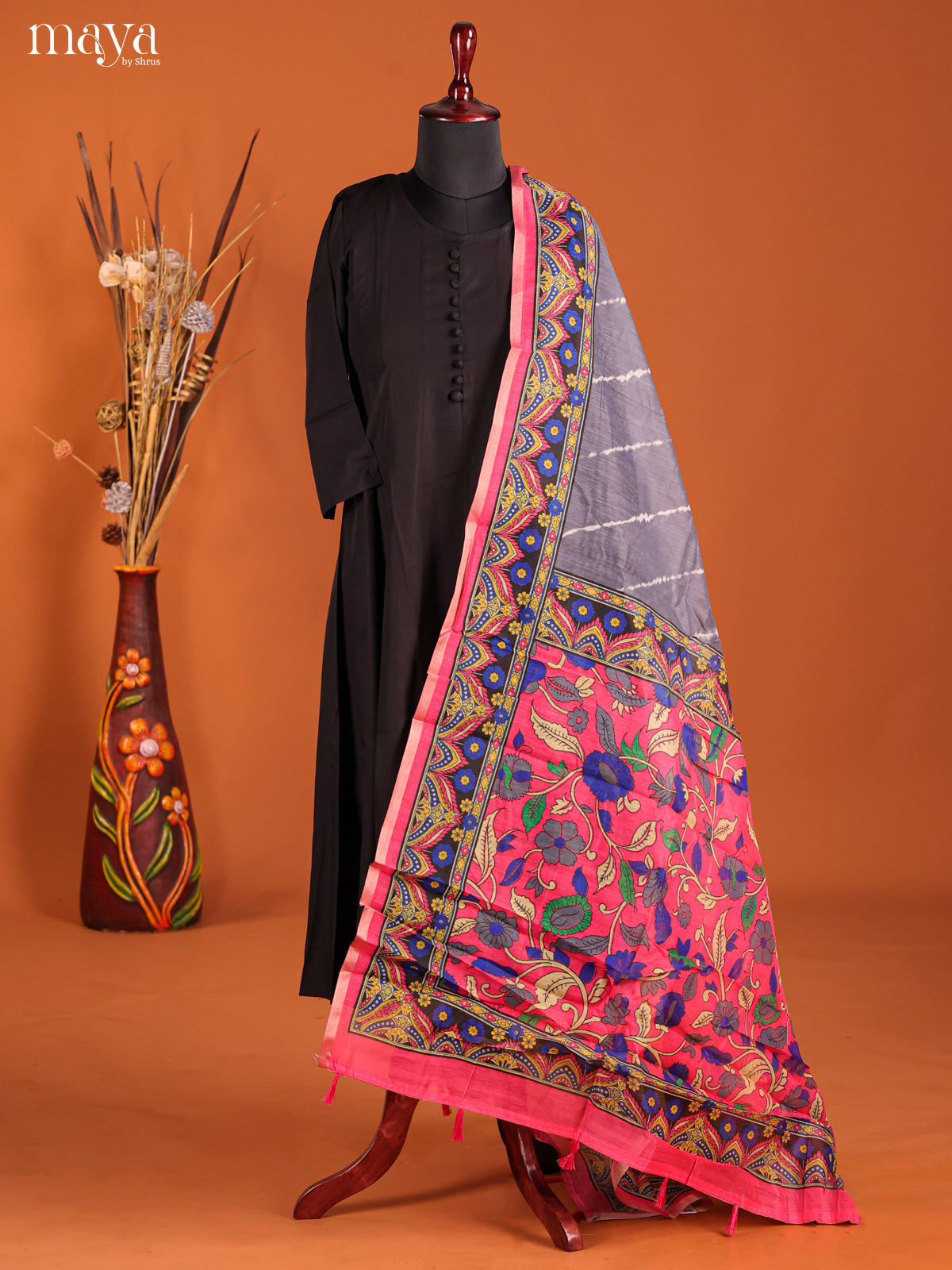 Grey & Pink -Semi Maheshwari Print Dupatta
