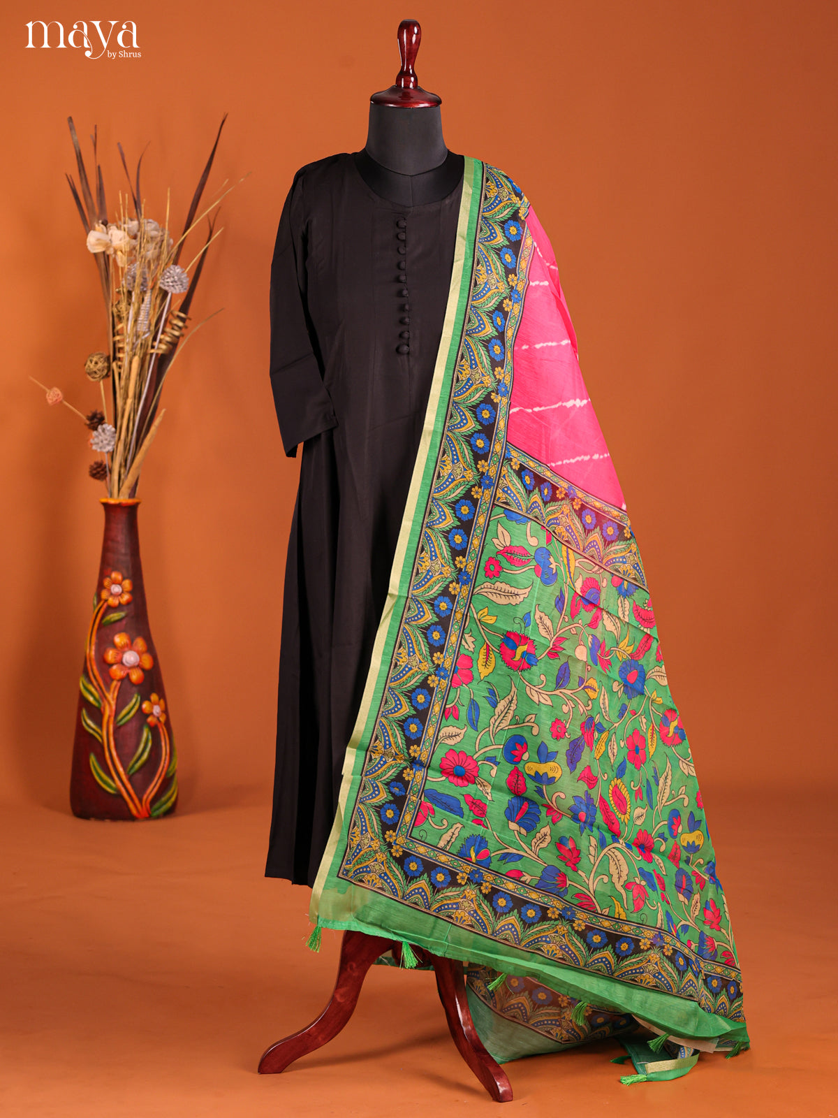 Pink & Green -Semi Maheshwari Print Dupatta